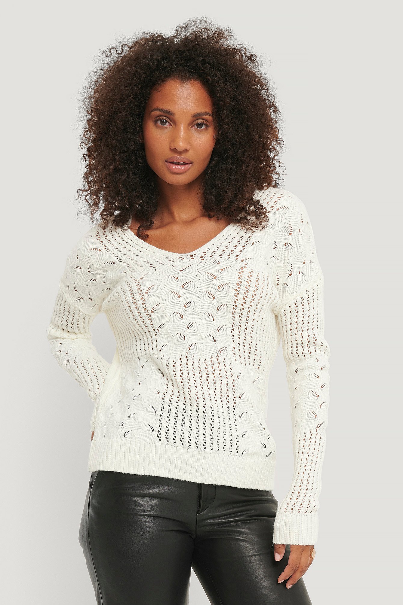 Vneck Pattern Knitted Sweater White NAKD
