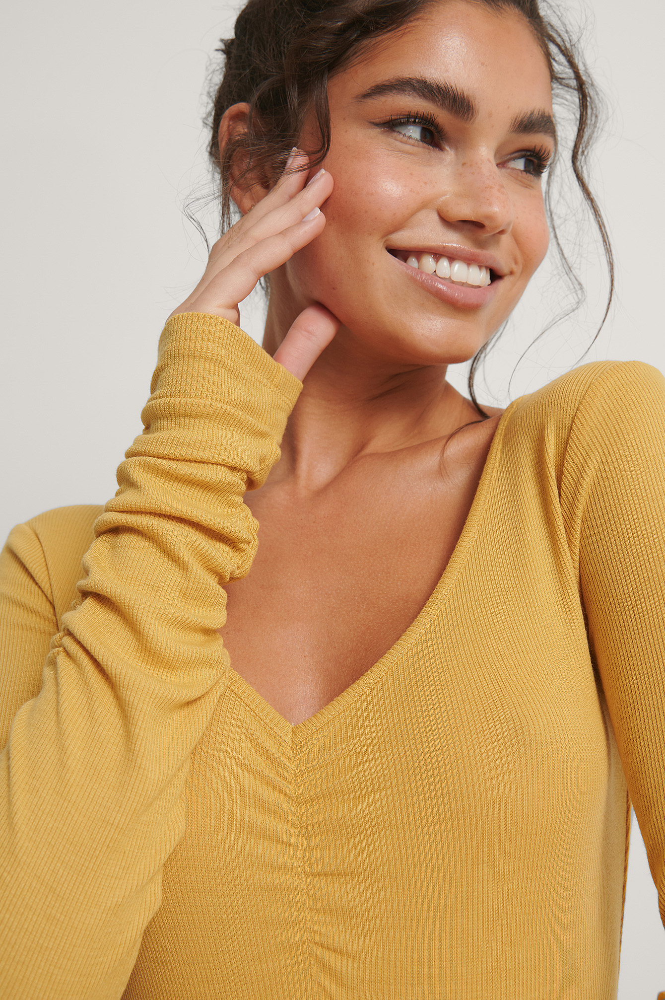 Yellow V-neck Ruched Ribbed Body