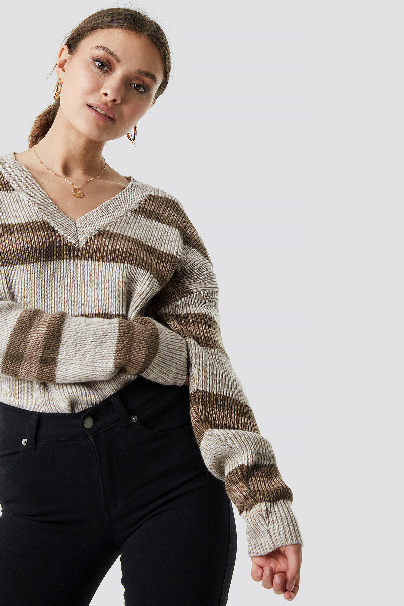 V-neck Striped Knitted Sweater Beige