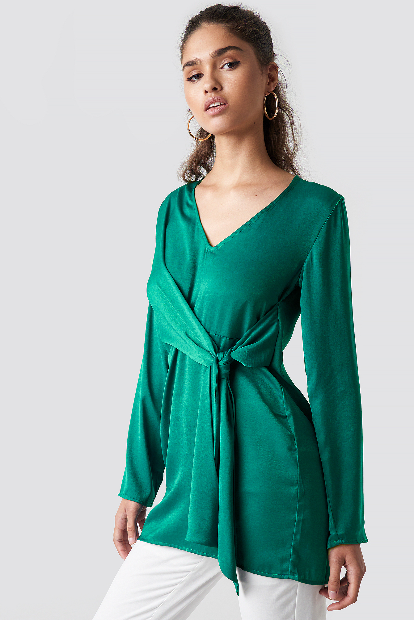 V-Neck Tie Waist Blouse Emerald Green