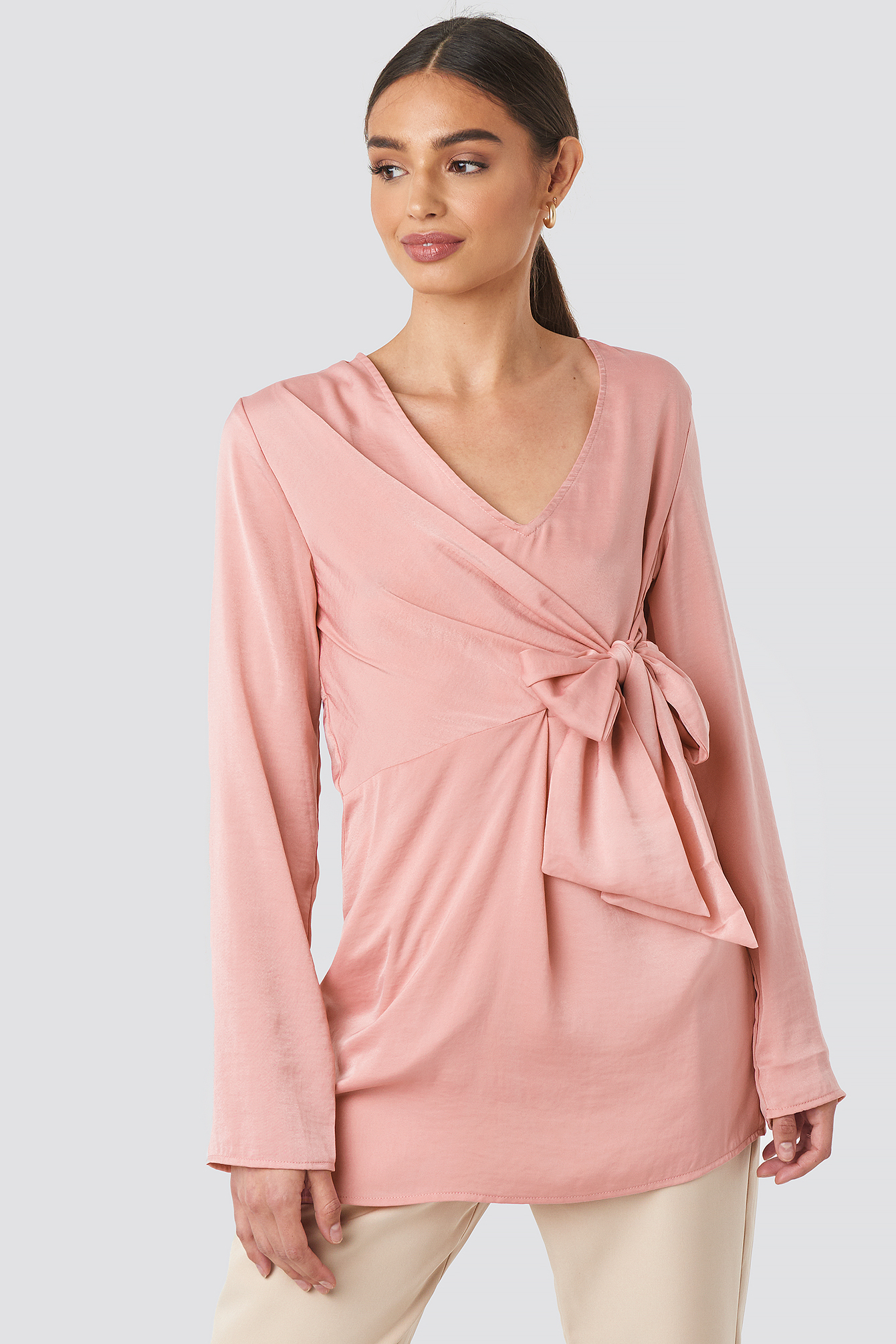 V-Neck Tie Waist Blouse Dusty Pink