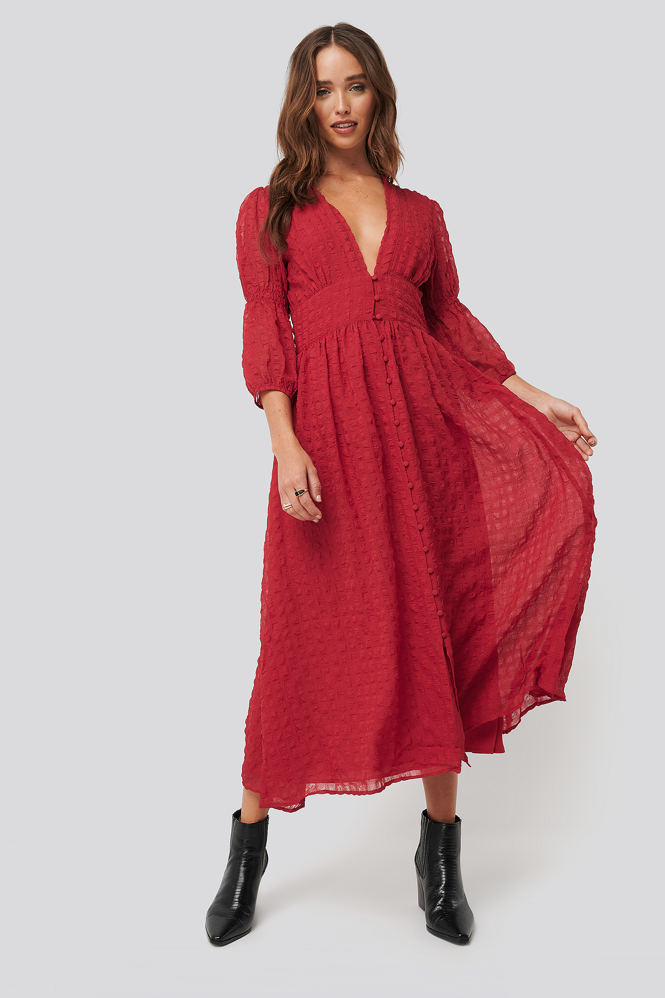 V-Shape Flowy Puff Sleeve Dress Dark Red