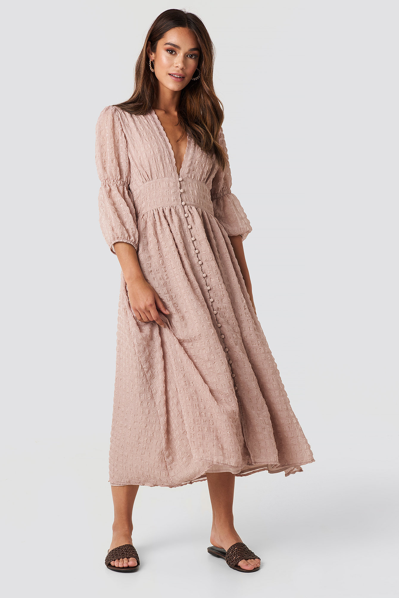 V-Shape Flowy Puff Sleeve Dress Dusty Pink