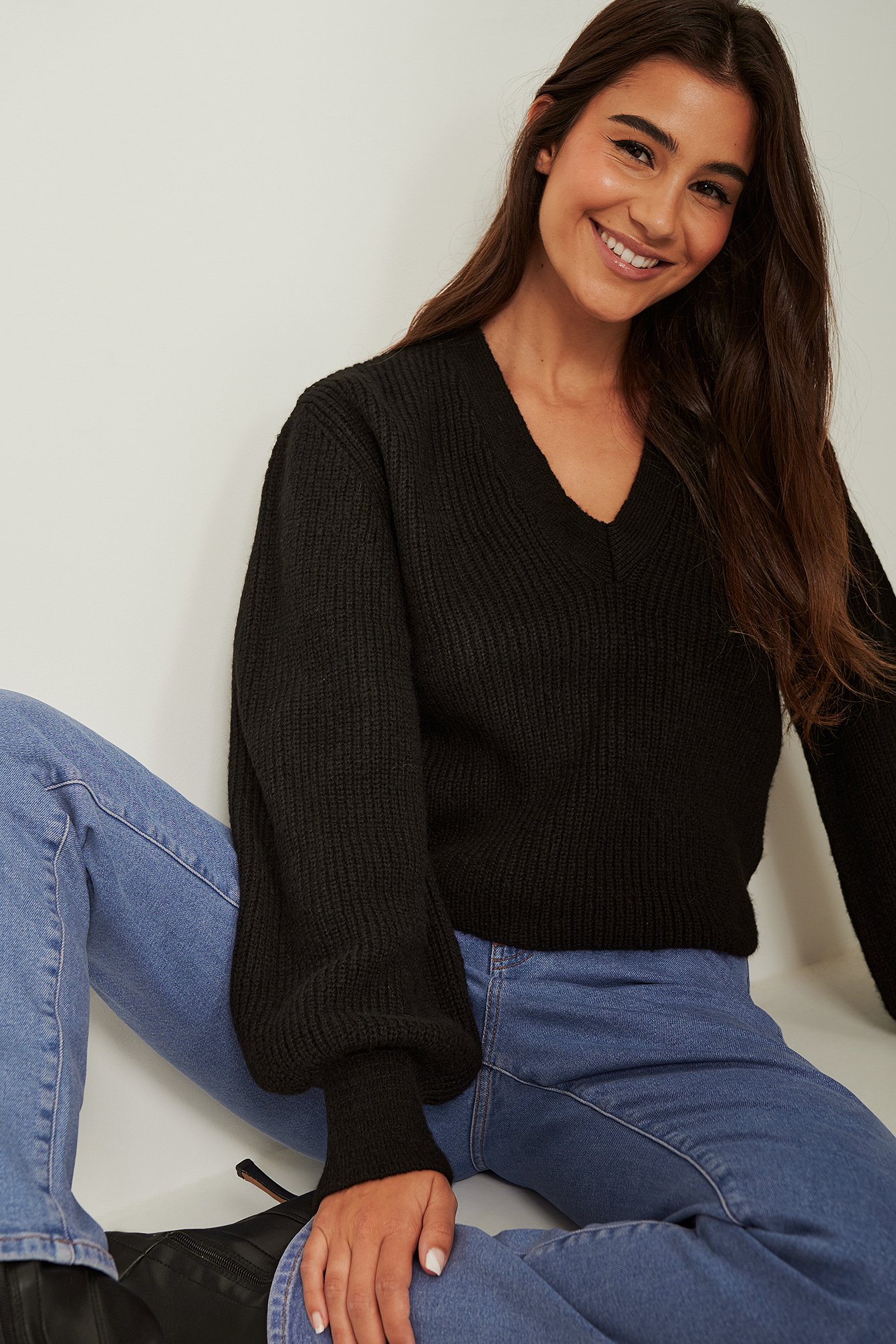 Black V-gevormde geribde sweater
