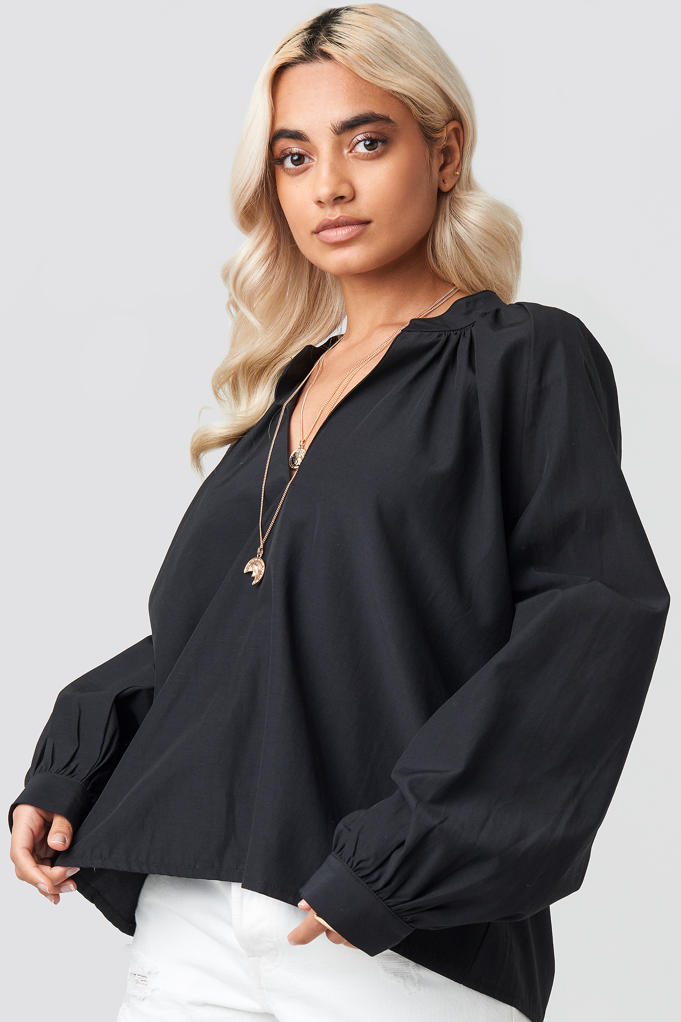V-Neck Balloon Sleeve Blouse Black