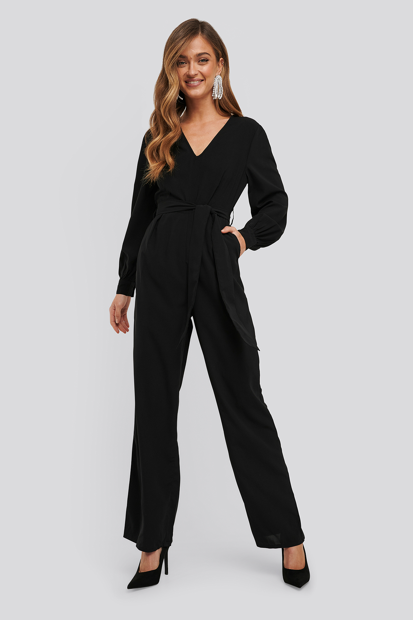 V-Neck Fitted Waist Jumpsuit Black