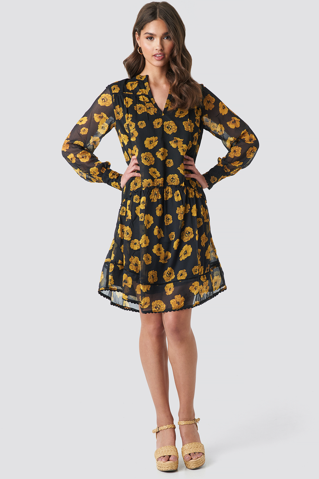 V-Neck Flowy Chiffon Dress Poppy Orange Flowers
