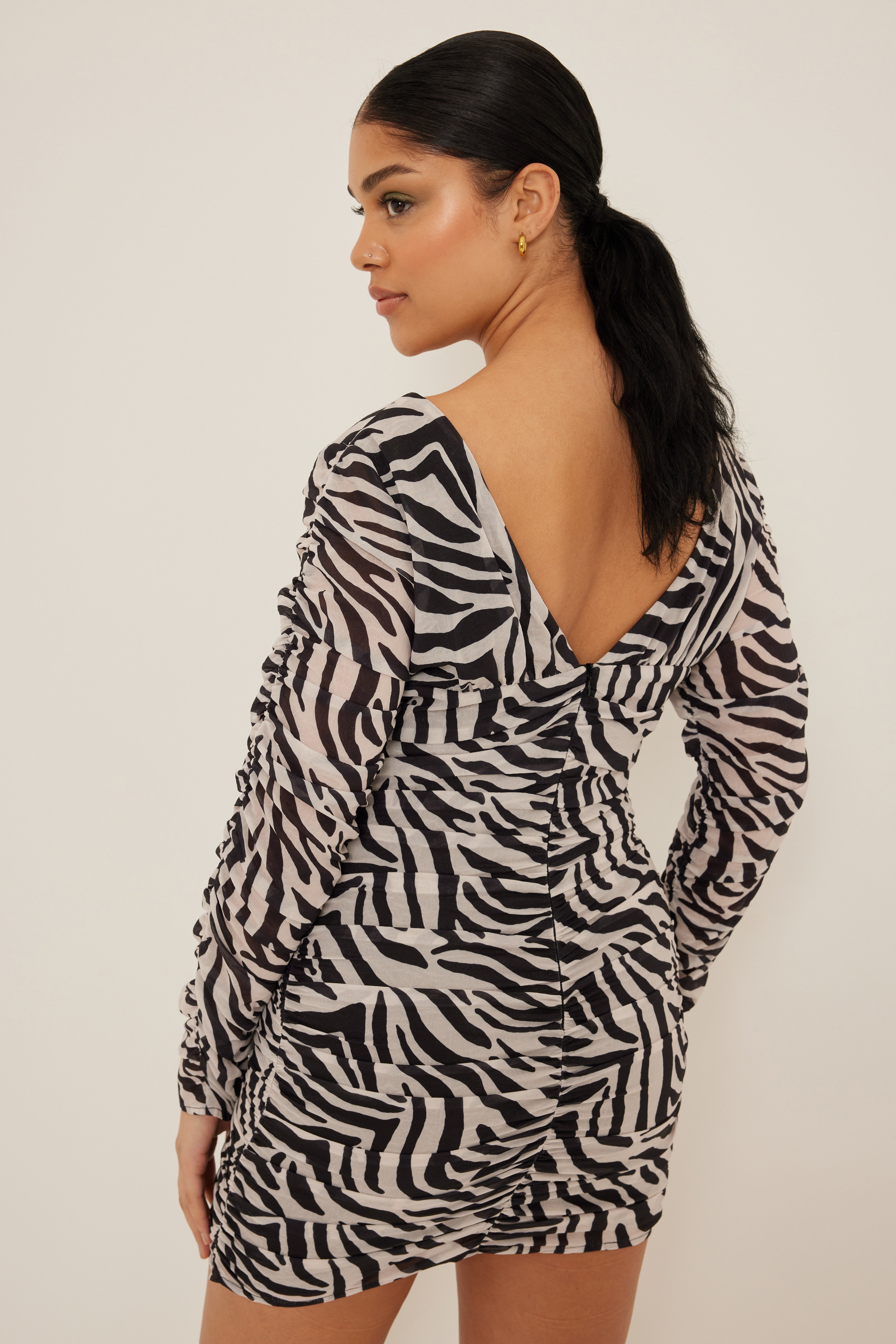 Black Zebra V-neck Front and Back Gatherings Mini Dress