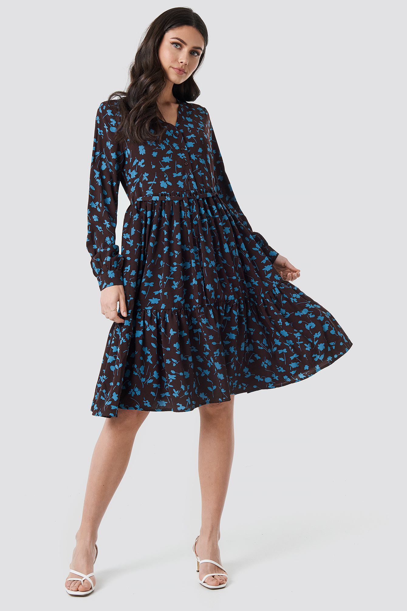 V-Neck Printed Ruffle Dress Dark Brown