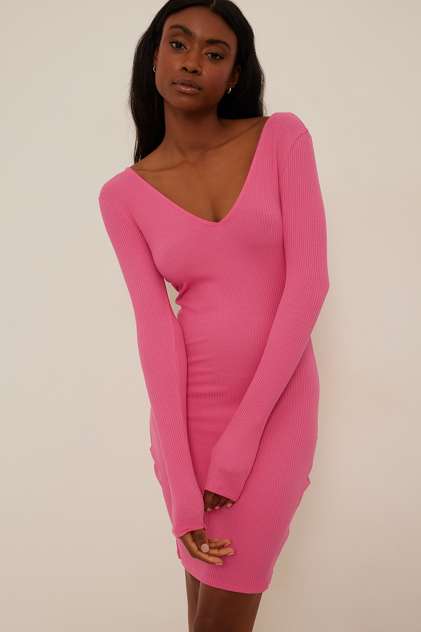 V-neck Rib Long Sleeved Mini Dress Pink 