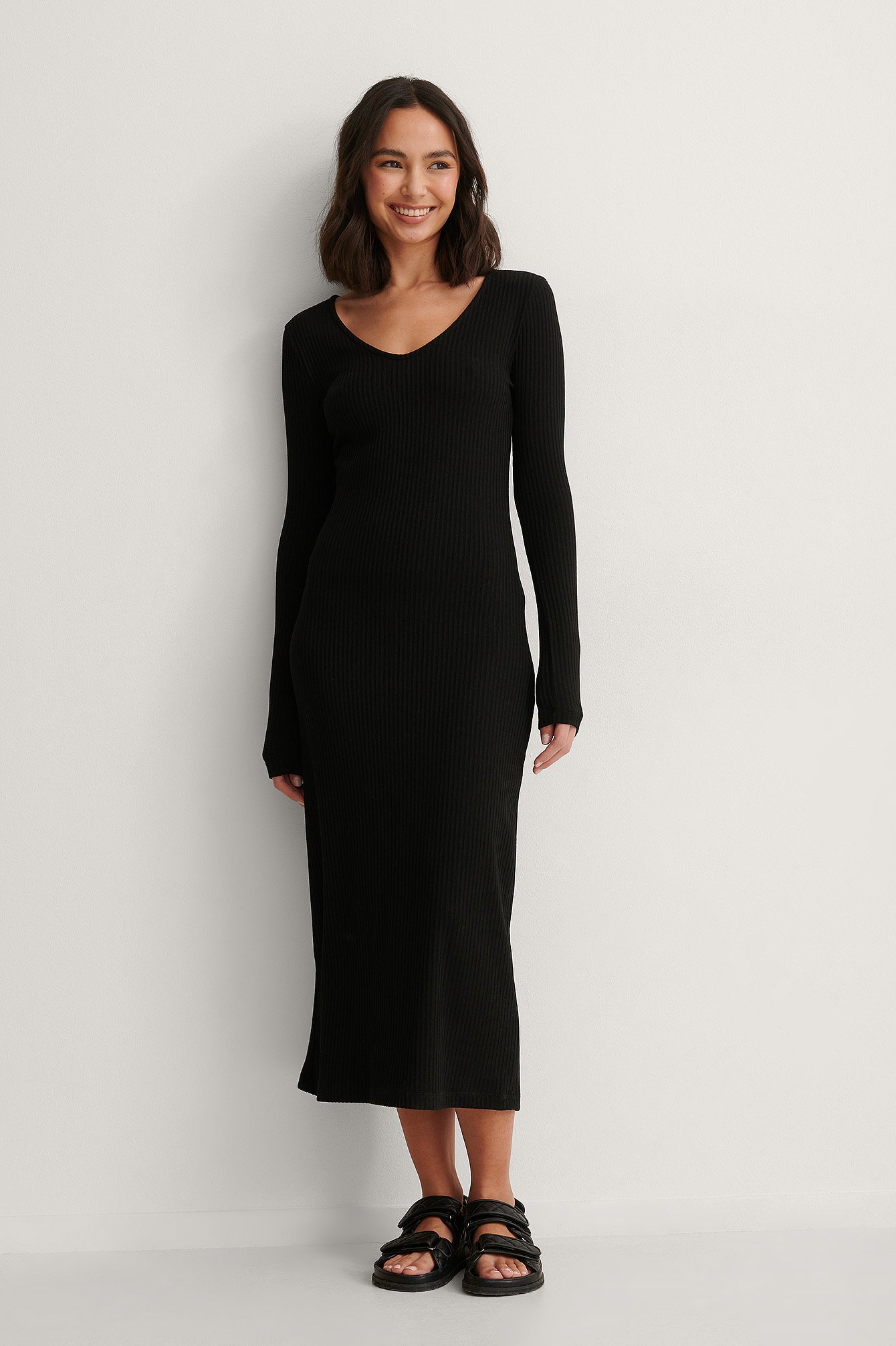 Black V-Ausschnitt geripptes Kleid
