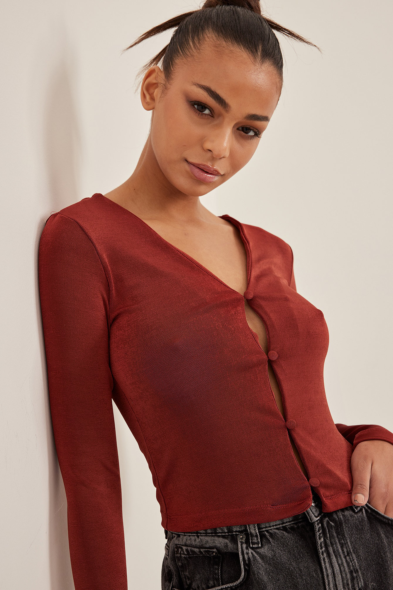 NA-KD Recycled V-neck Shiny Button Detail Top - Brown