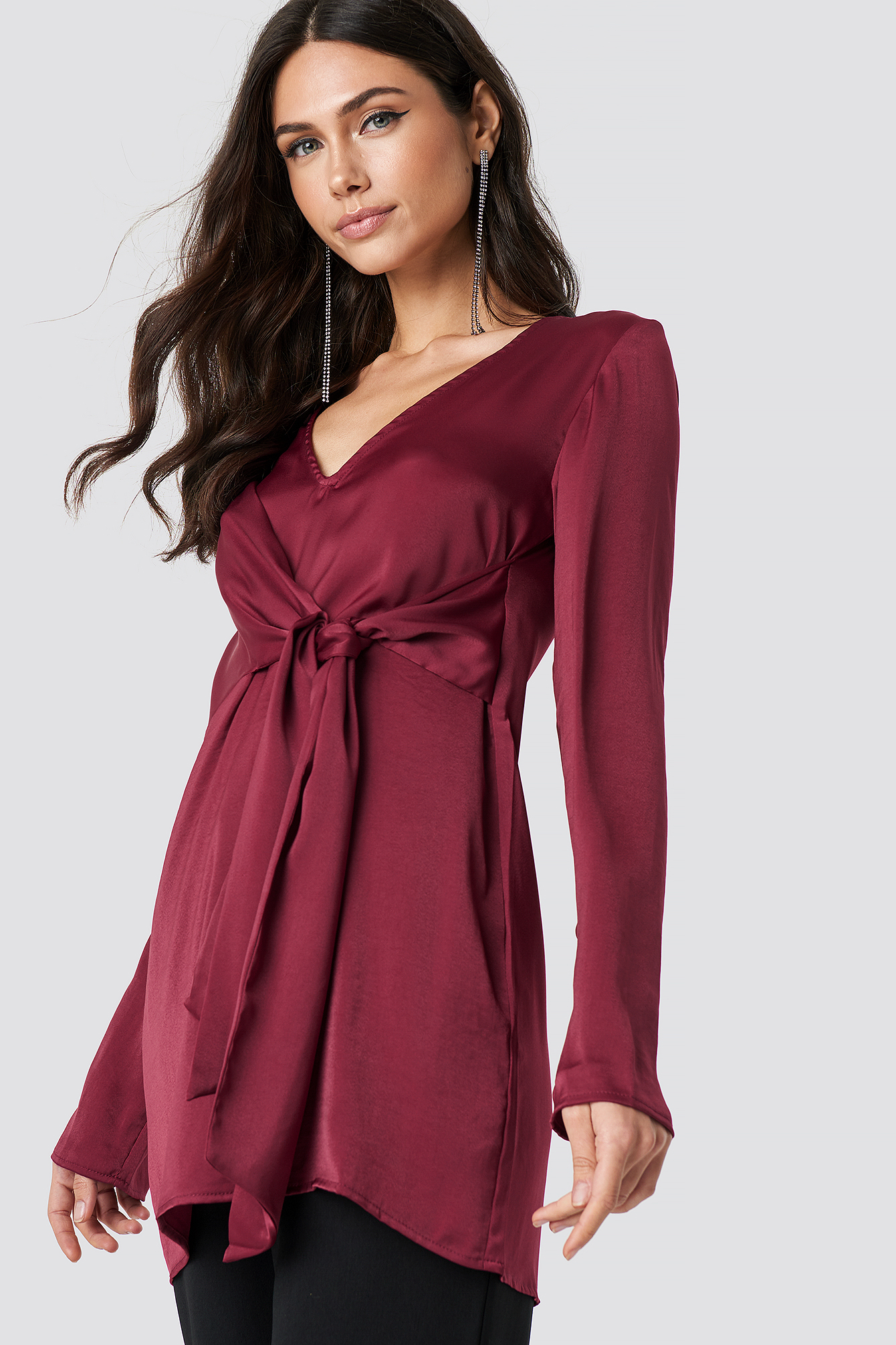 V-Neck Tie Waist Blouse Burgundy