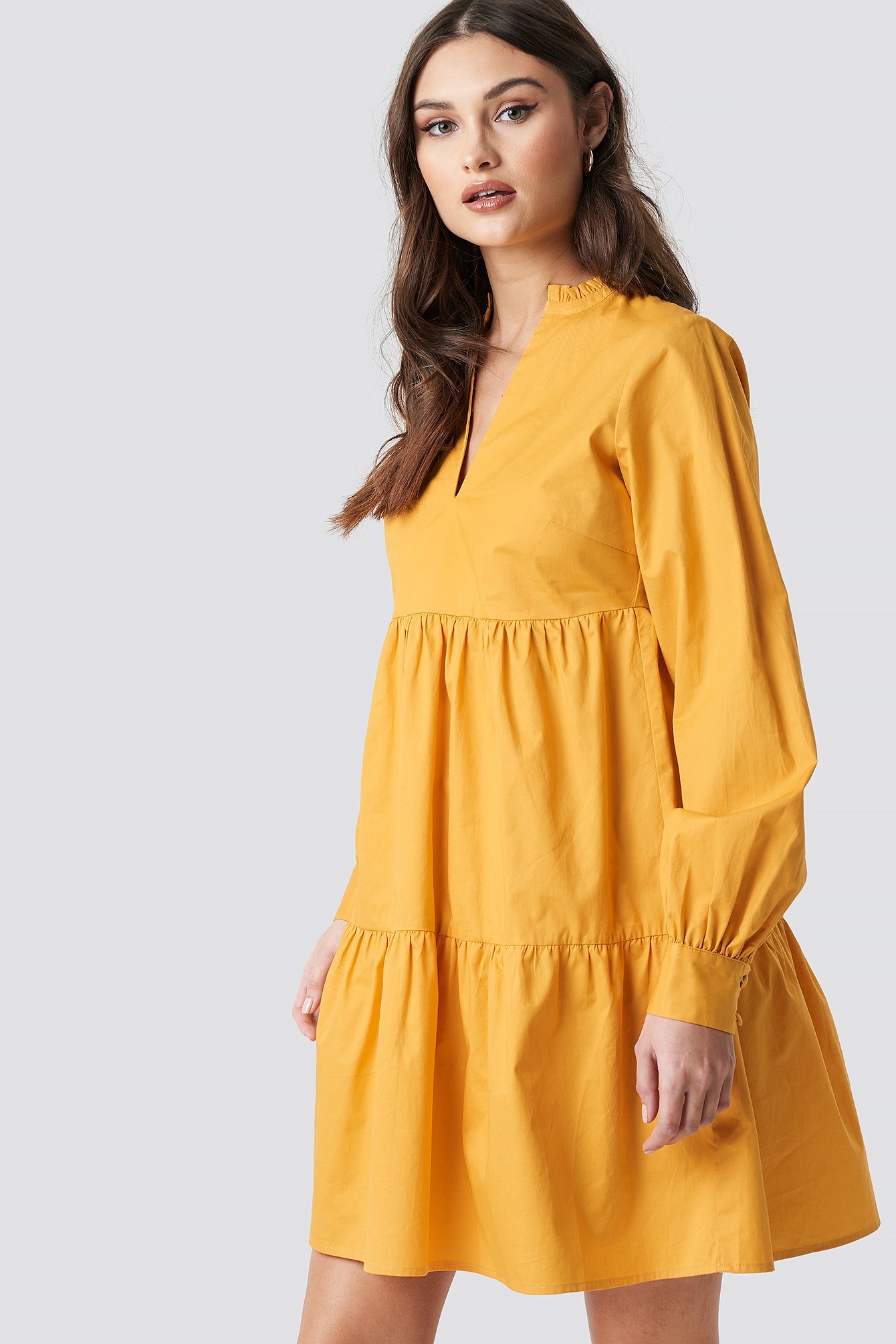 Na-Kd Boho V-Neck Volume Sleeve Mini Dress - Yellow