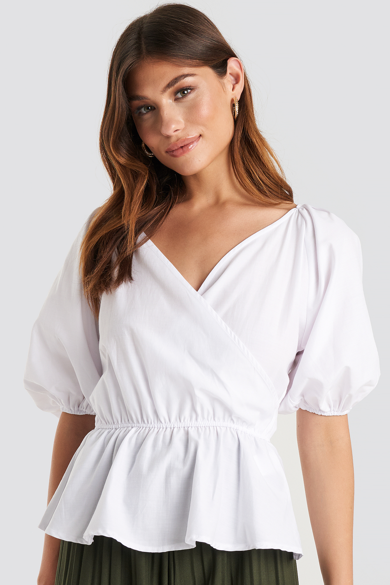 V Neck Wrap Over Elastic Waist Blouse White