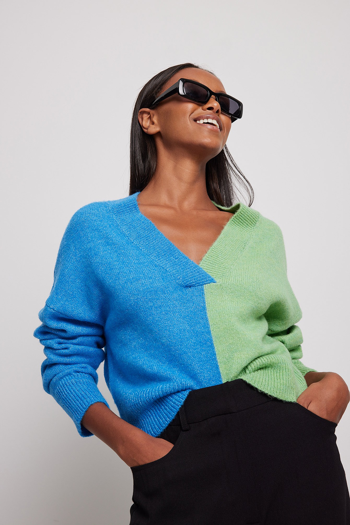 Green/Blue V-necked Knitted Block Colour Sweater