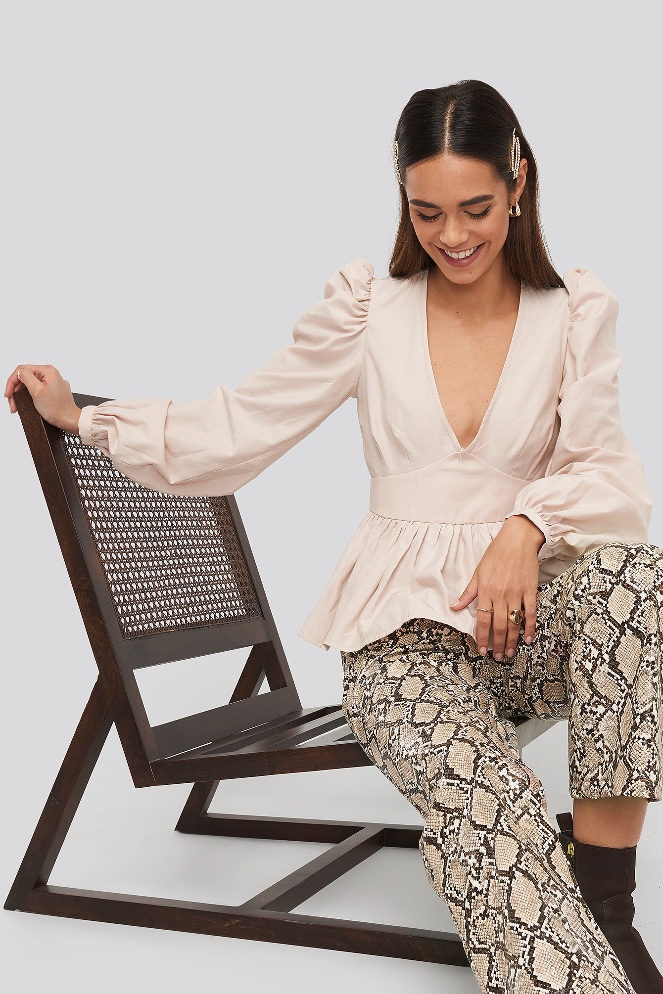 V-Neckline Balloon Sleeve Blouse Beige