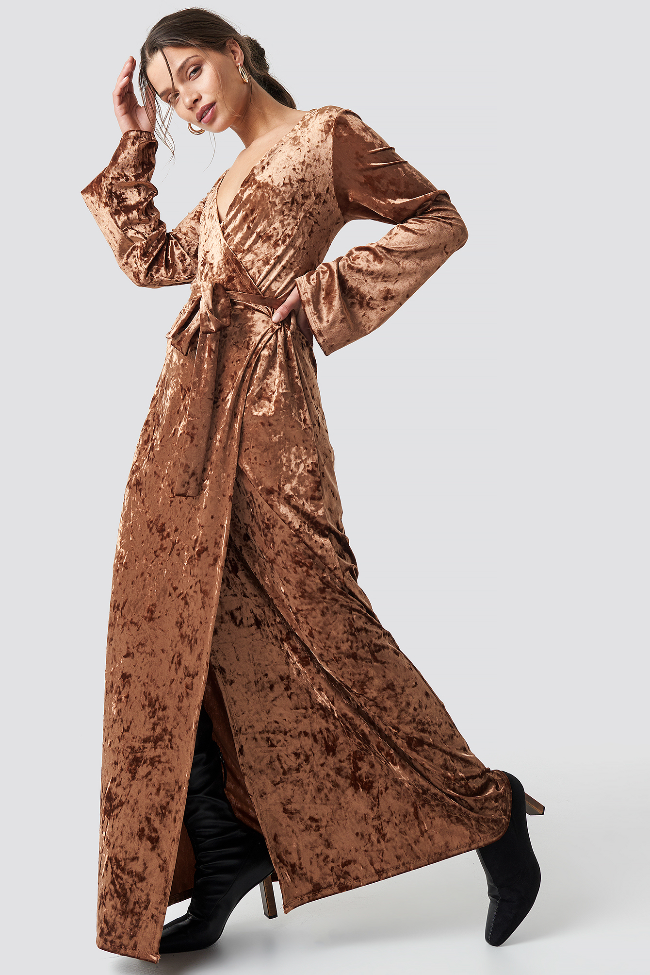 Velvet Tie Waist Overlap  Dress Brown