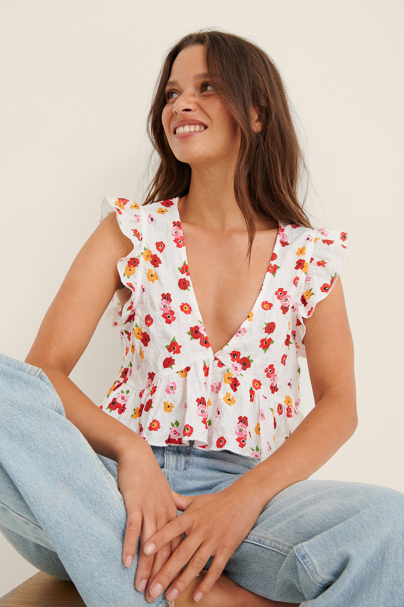Red Flower Recycled V-neck Flounce Top
