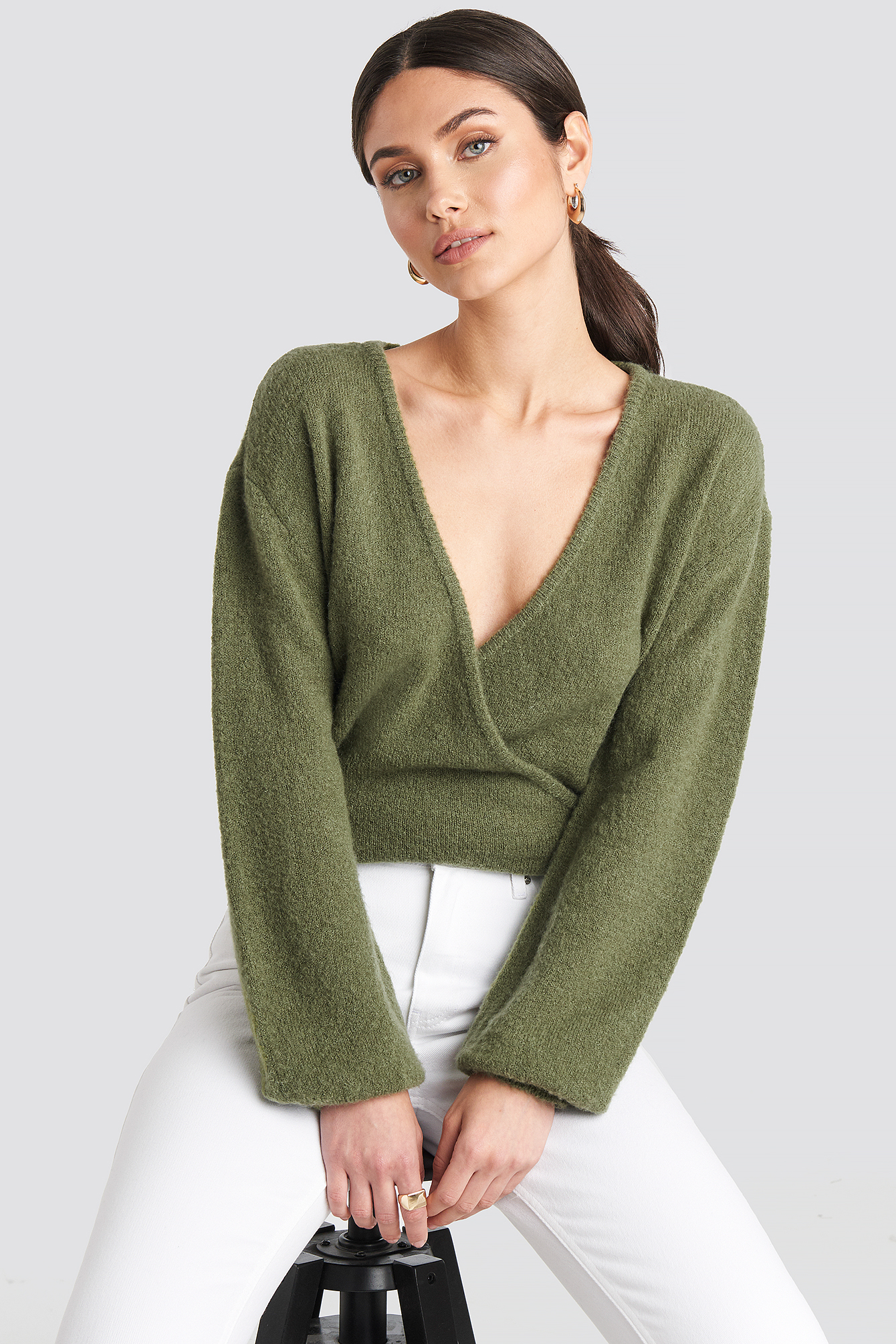 Khaki NA-KD V-Neck Overlap Knitted Sweater
