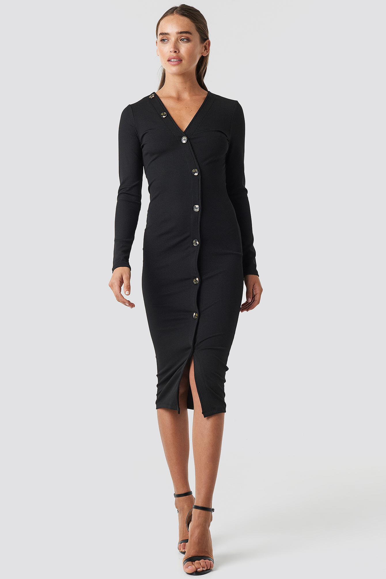 V-Neck Ribbed Button Detail Dress Black