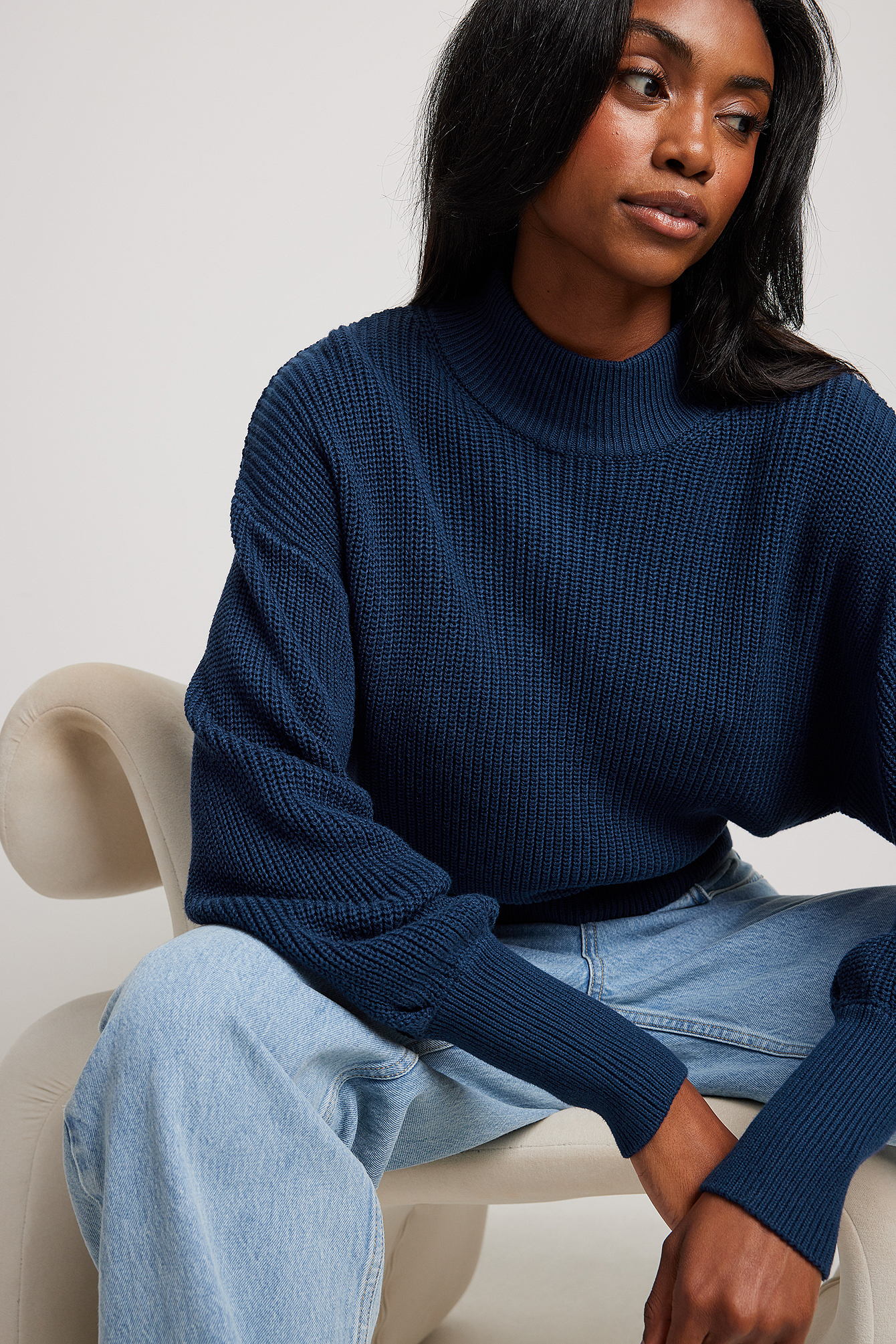 NA-KD Reborn Organic Volume Sleeve High Neck Knitted Sweater - Blue