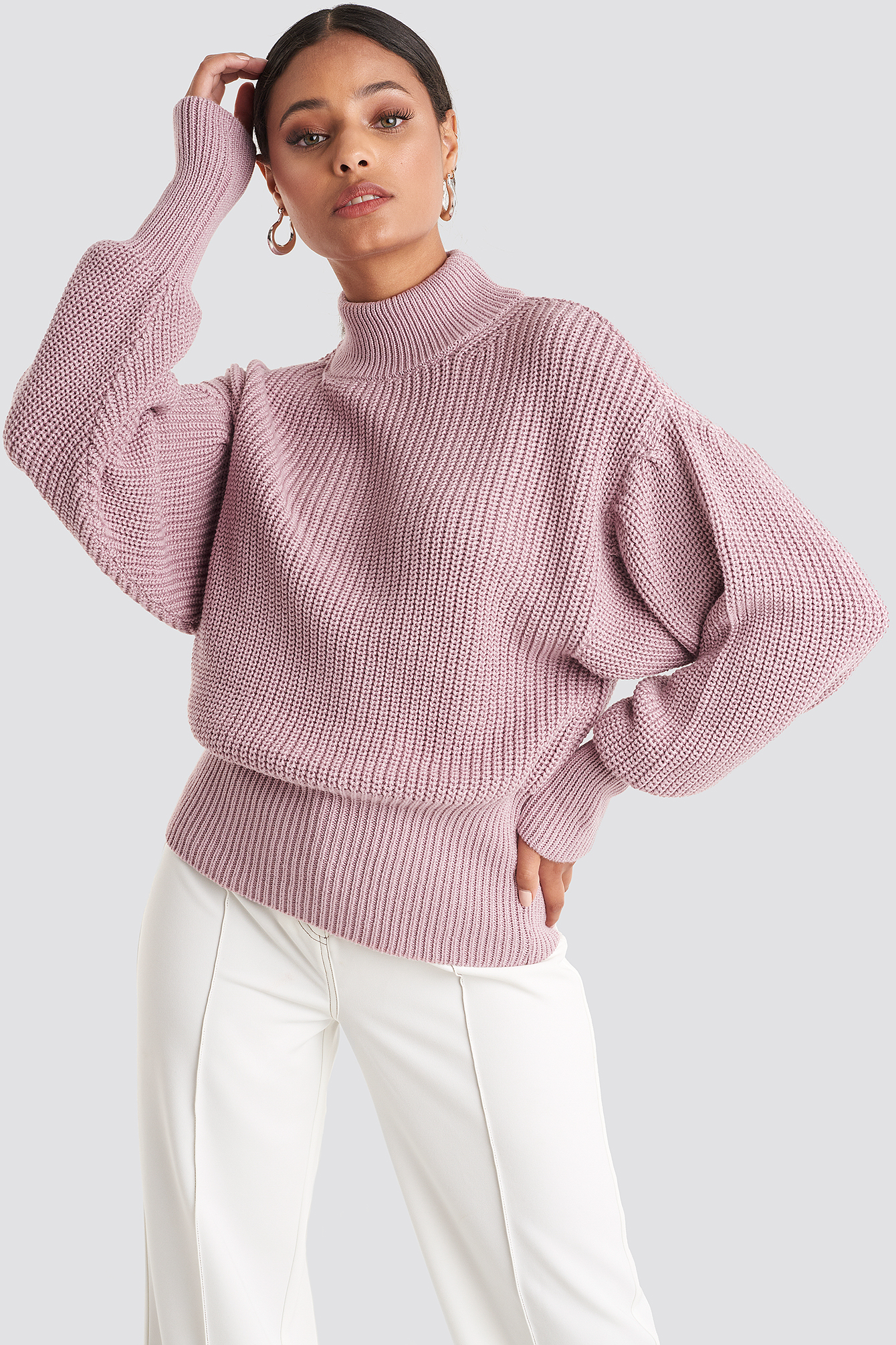 Volume Sleeve High Neck Knitted Sweater Dusty Pink