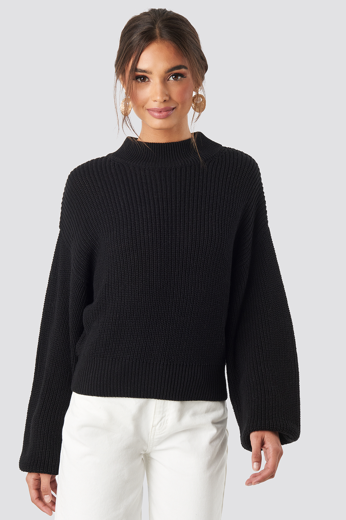 Volume Sleeve High Neck Knitted Sweater Black