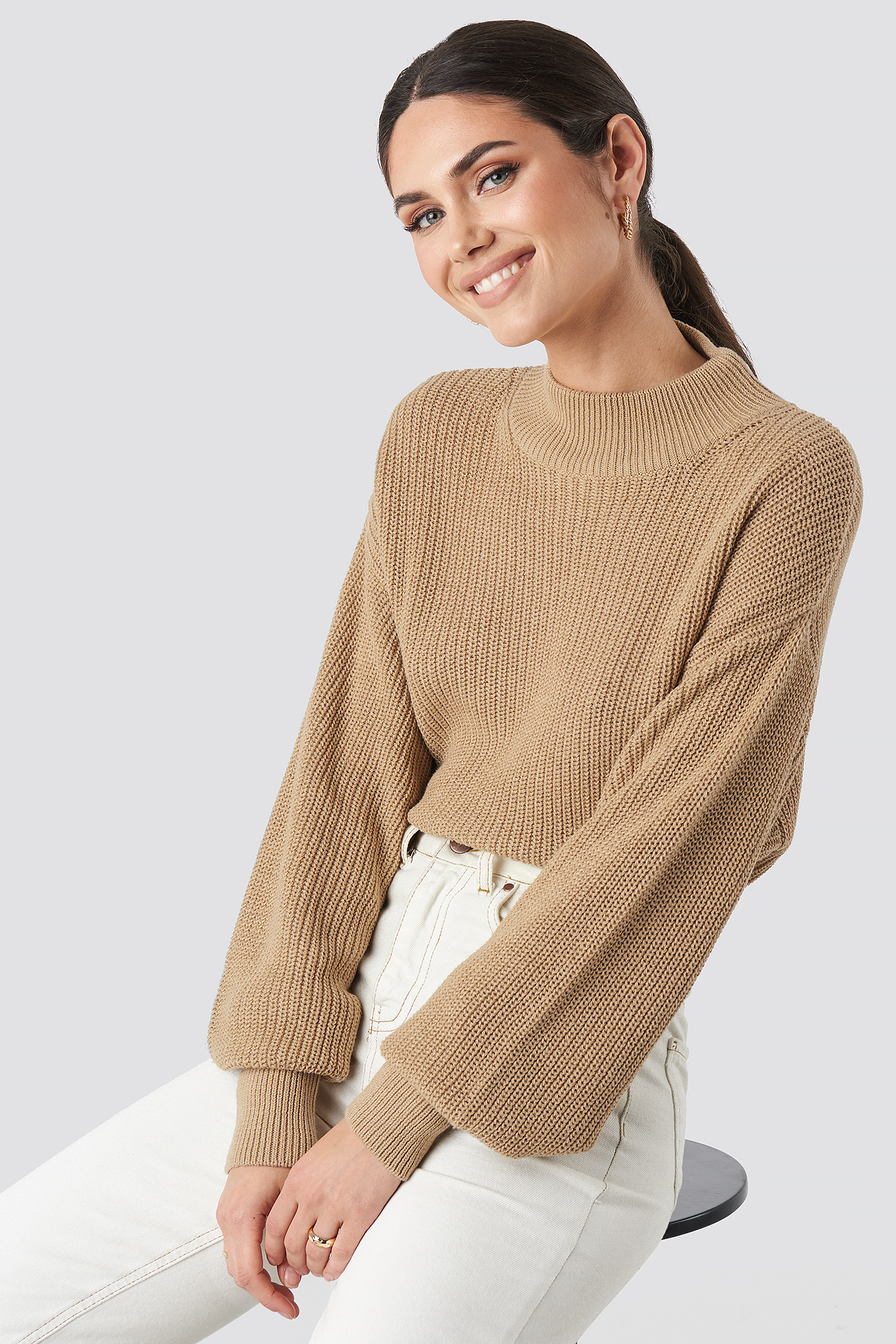 Volume Sleeve High Neck Knitted Sweater Beige