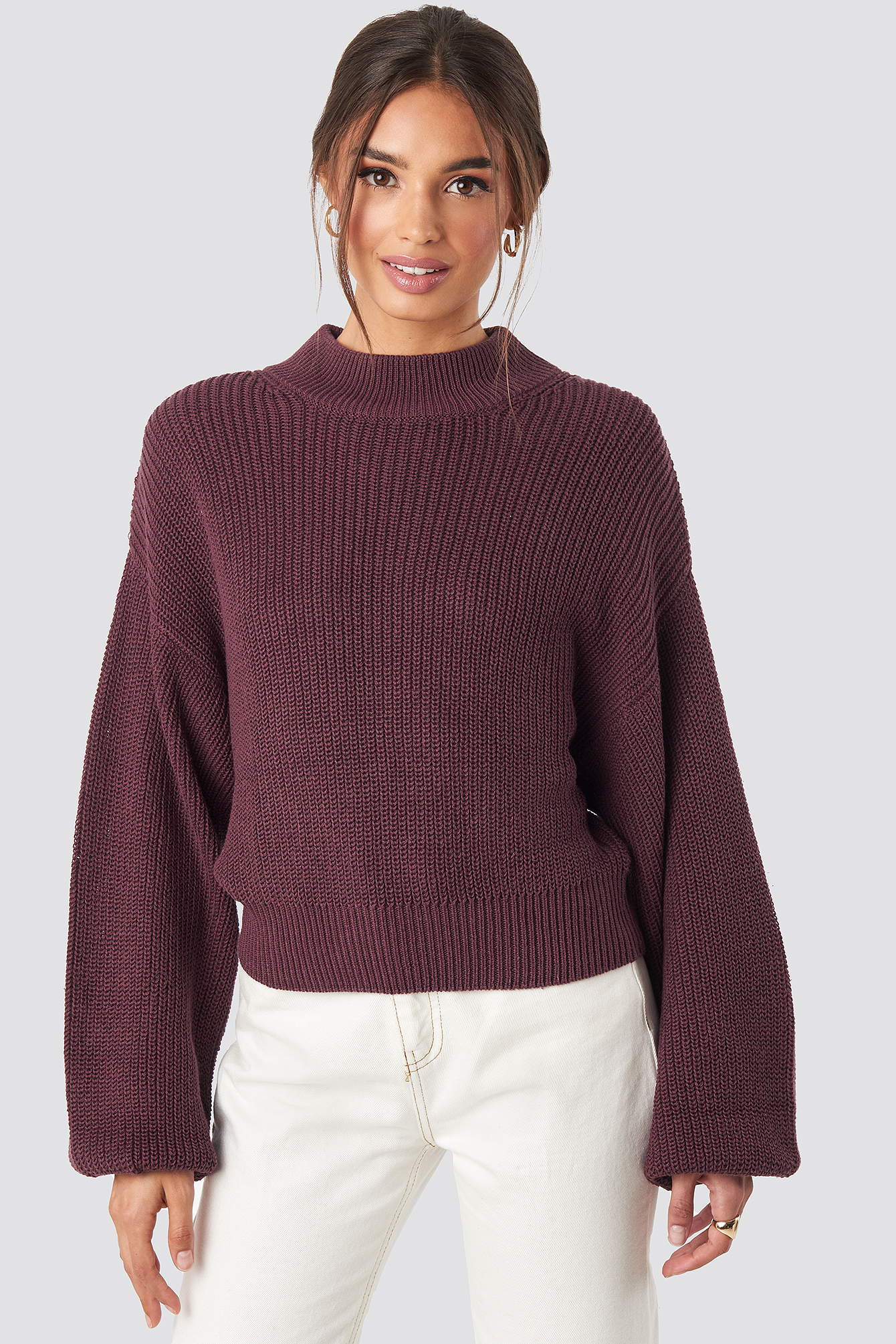 Volume Sleeve High Neck Knitted Sweater Burgundy