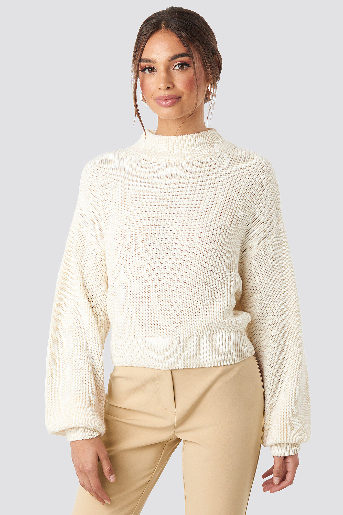 Volume Sleeve High Neck Knitted Sweater Offwhite