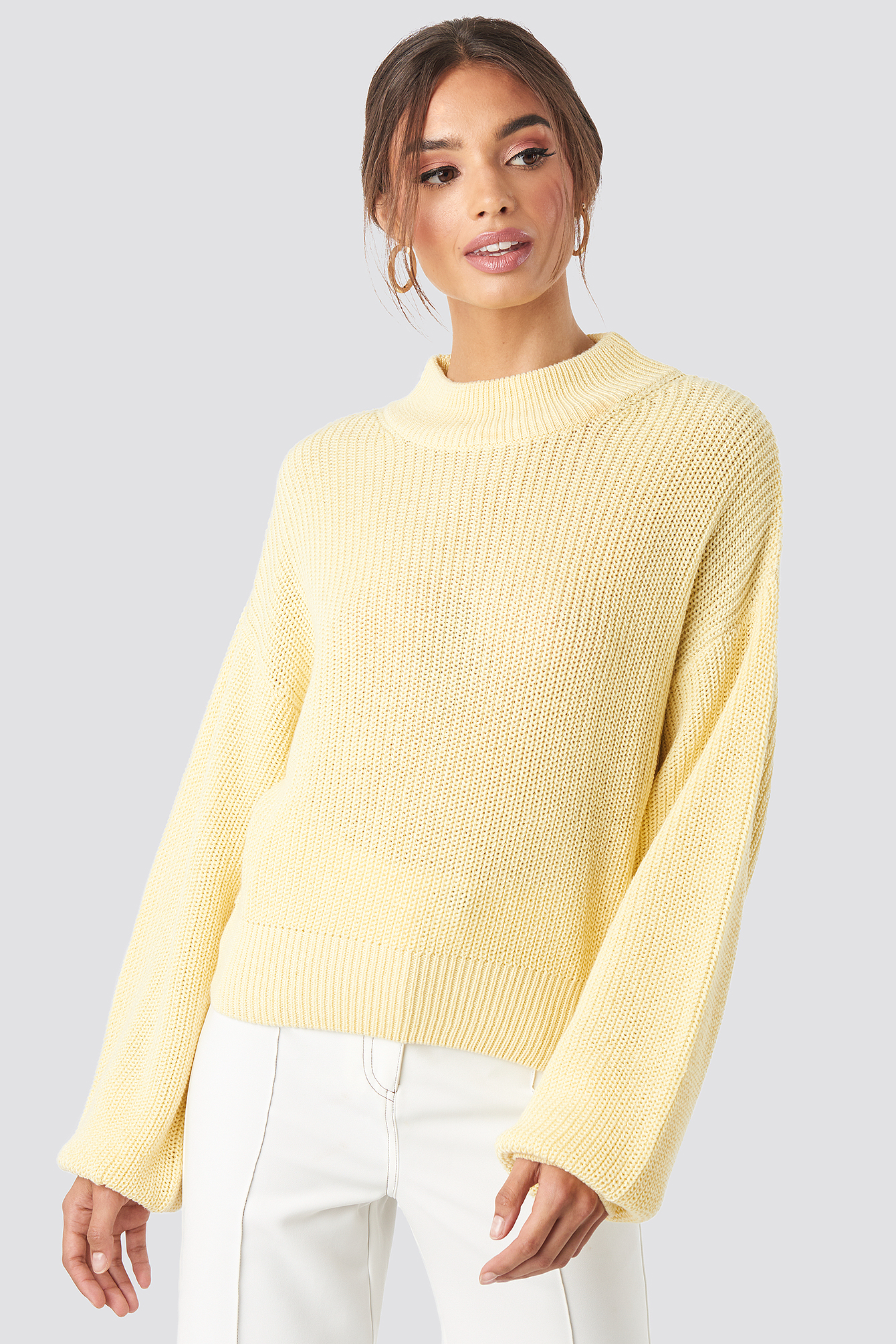 NA-KD Volume Sleeve High Neck Knitted Sweater - Yellow
