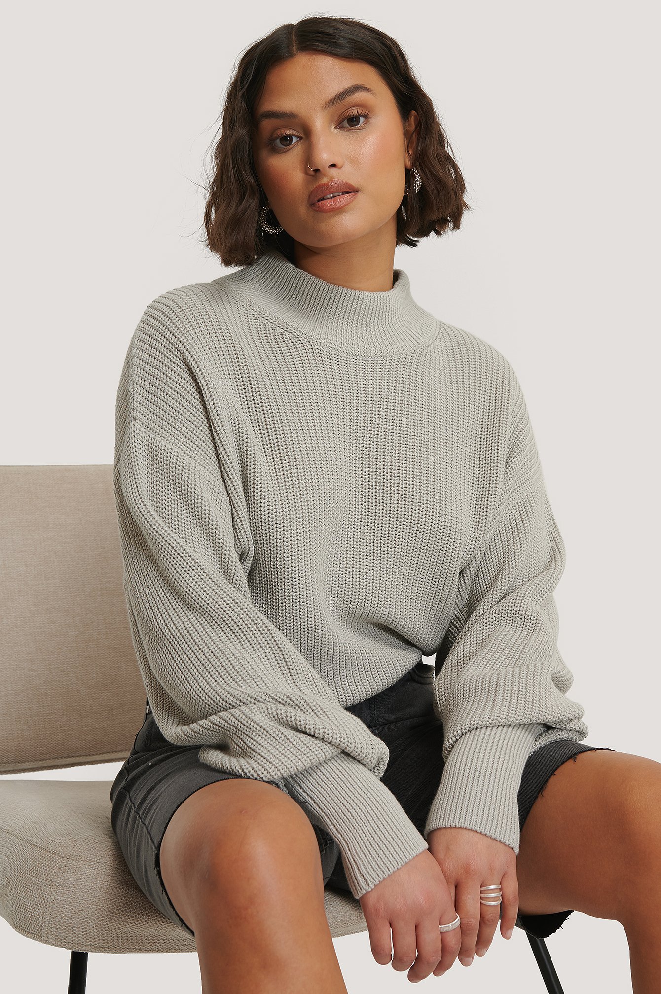 Grey Volume Sleeve High Neck Knitted Sweater