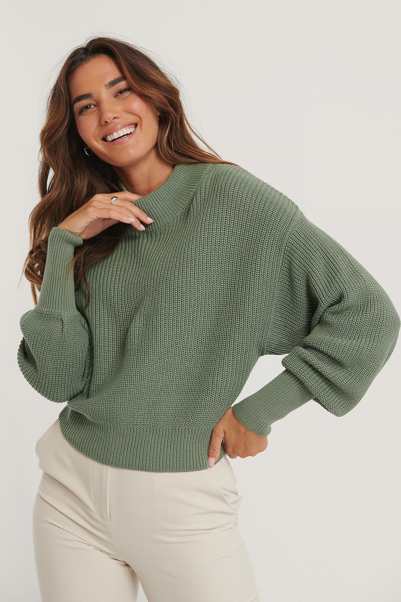Organic Volume Sleeve High Neck Knitted Sweater Green | na-kd.com