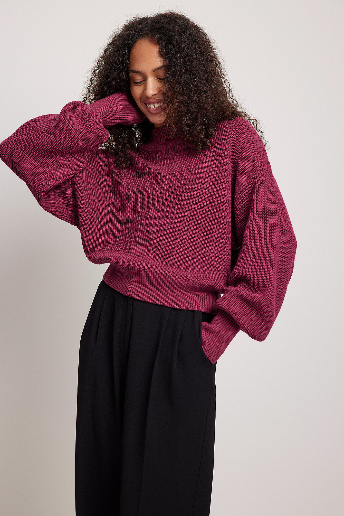 Burgundy Organic Volume Sleeve High Neck Knitted Sweater