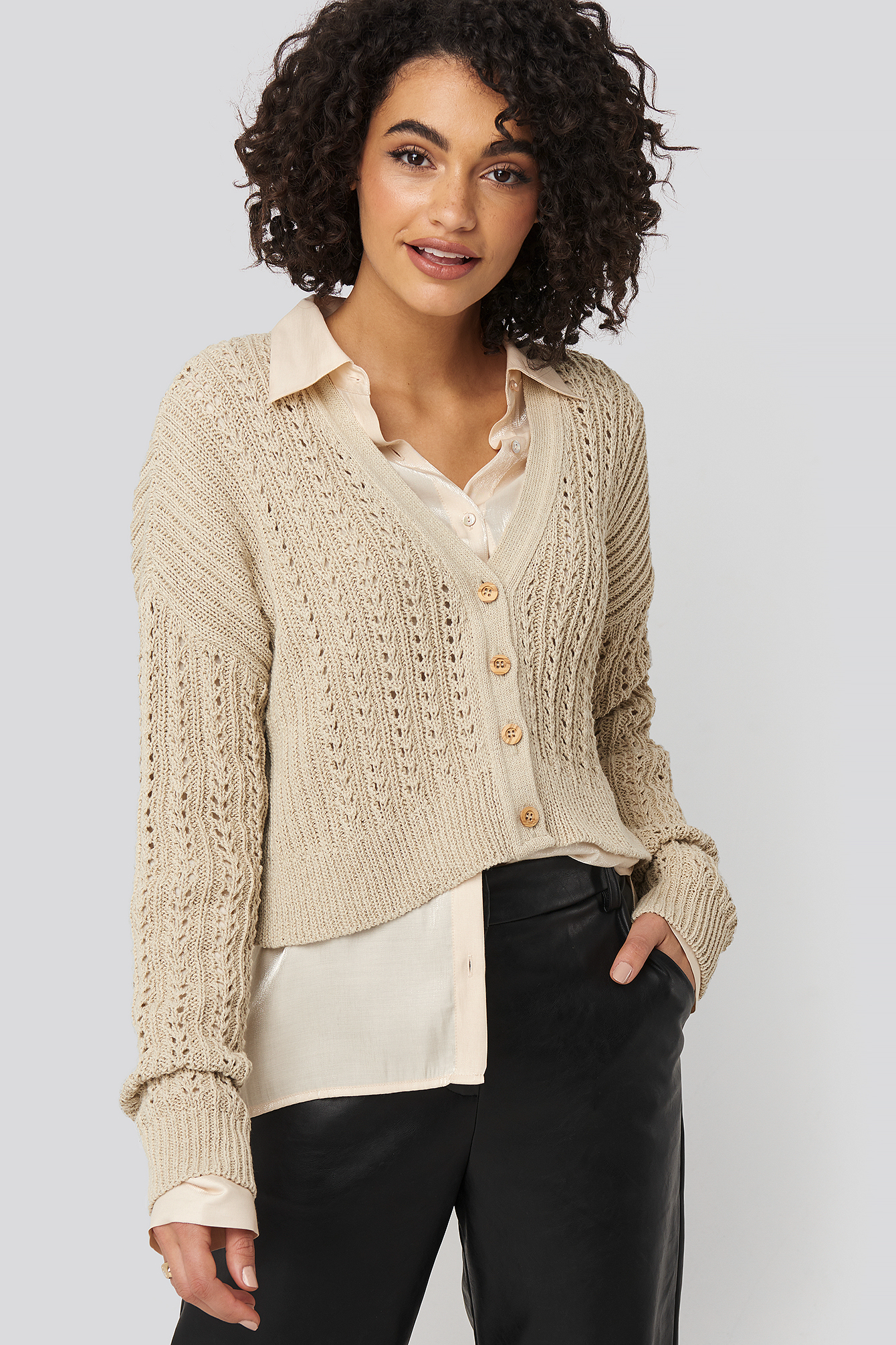 Waffle Knit Cropped Cardigan Beige