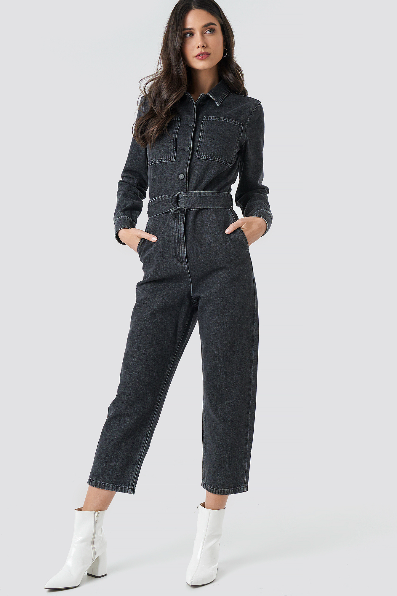 Waist Belt Denim Jumpsuit Black