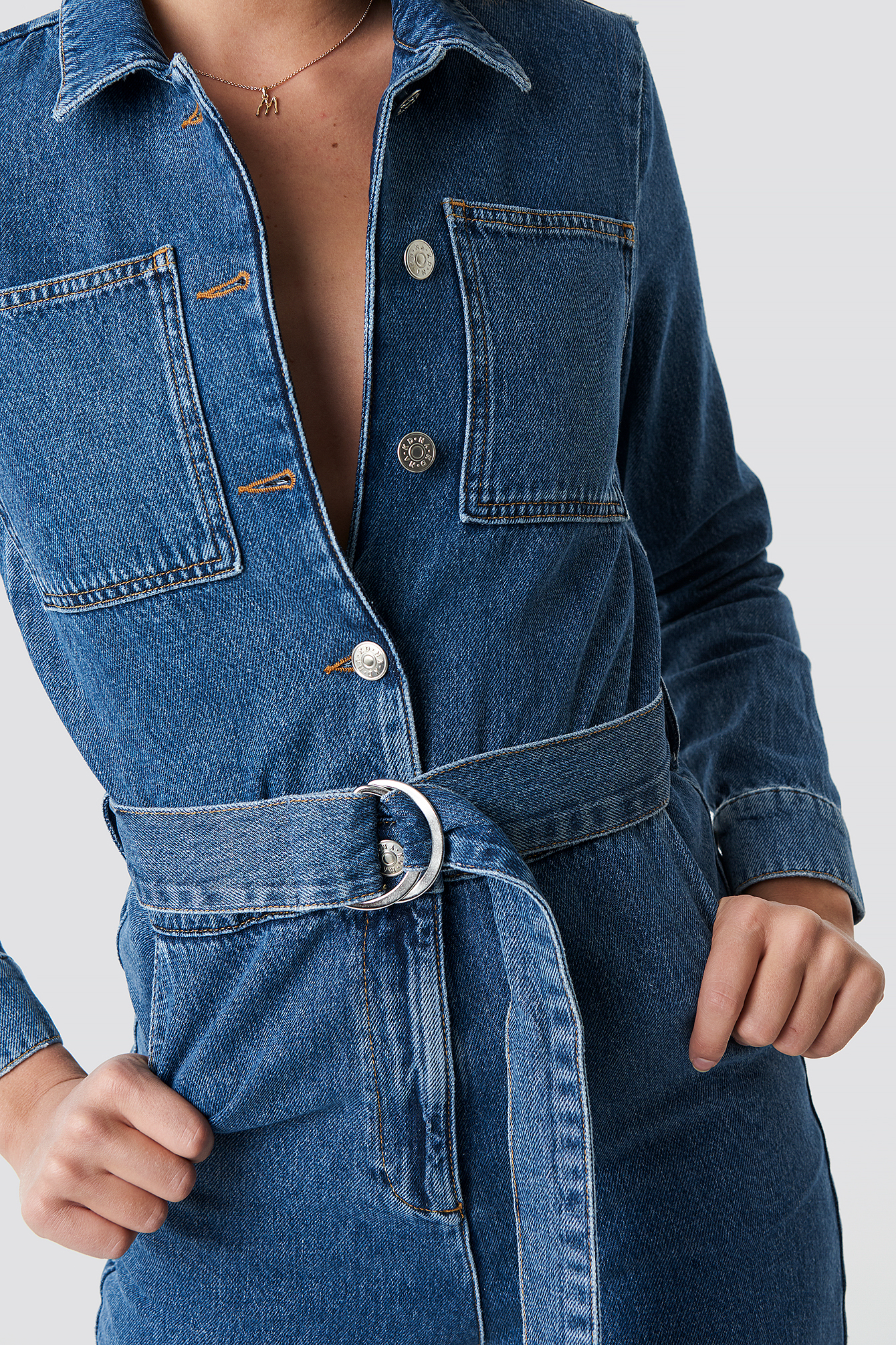Waist Belt Denim Jumpsuit Blue