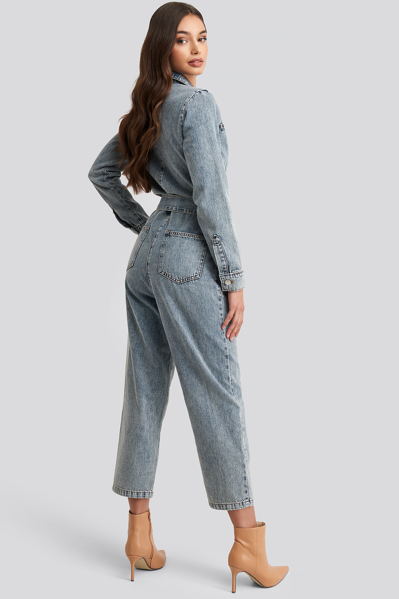 Waist Belt Denim Jumpsuit Blue