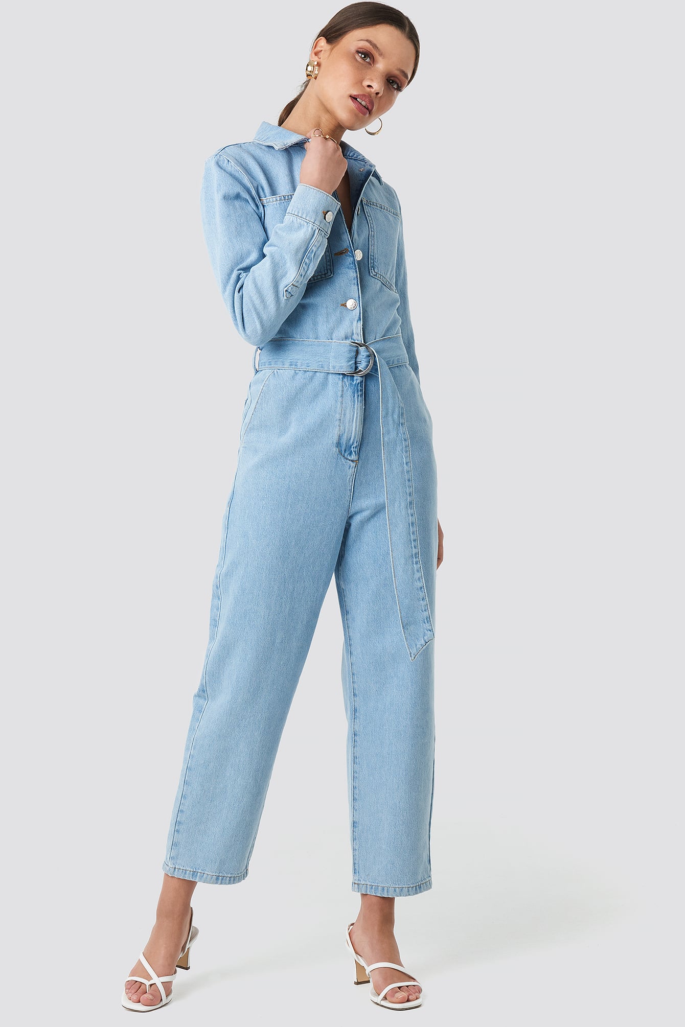 Waist Belt Denim Jumpsuit Blue Na Kd Com
