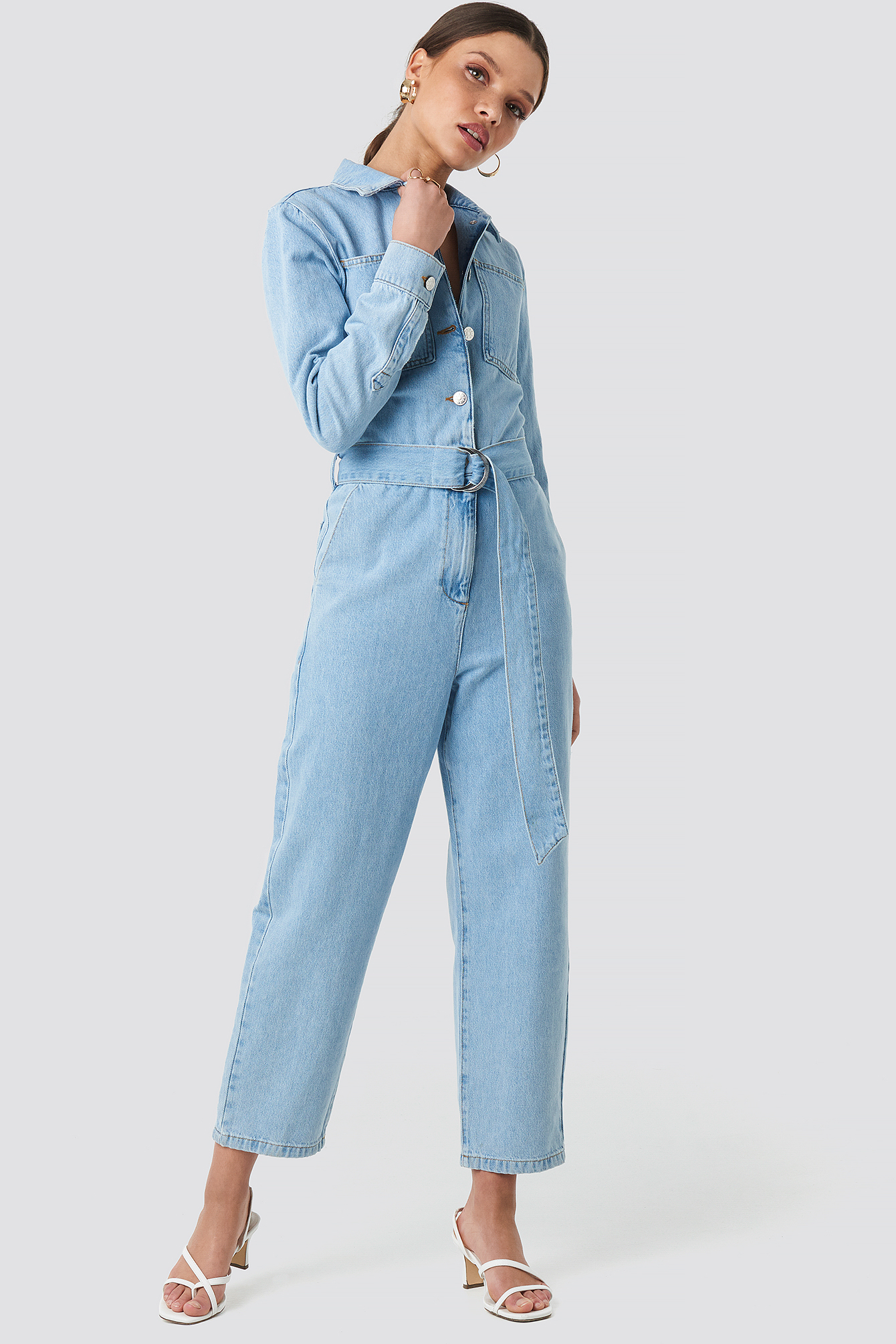 Waist Belt Denim Jumpsuit Light Blue Wash
