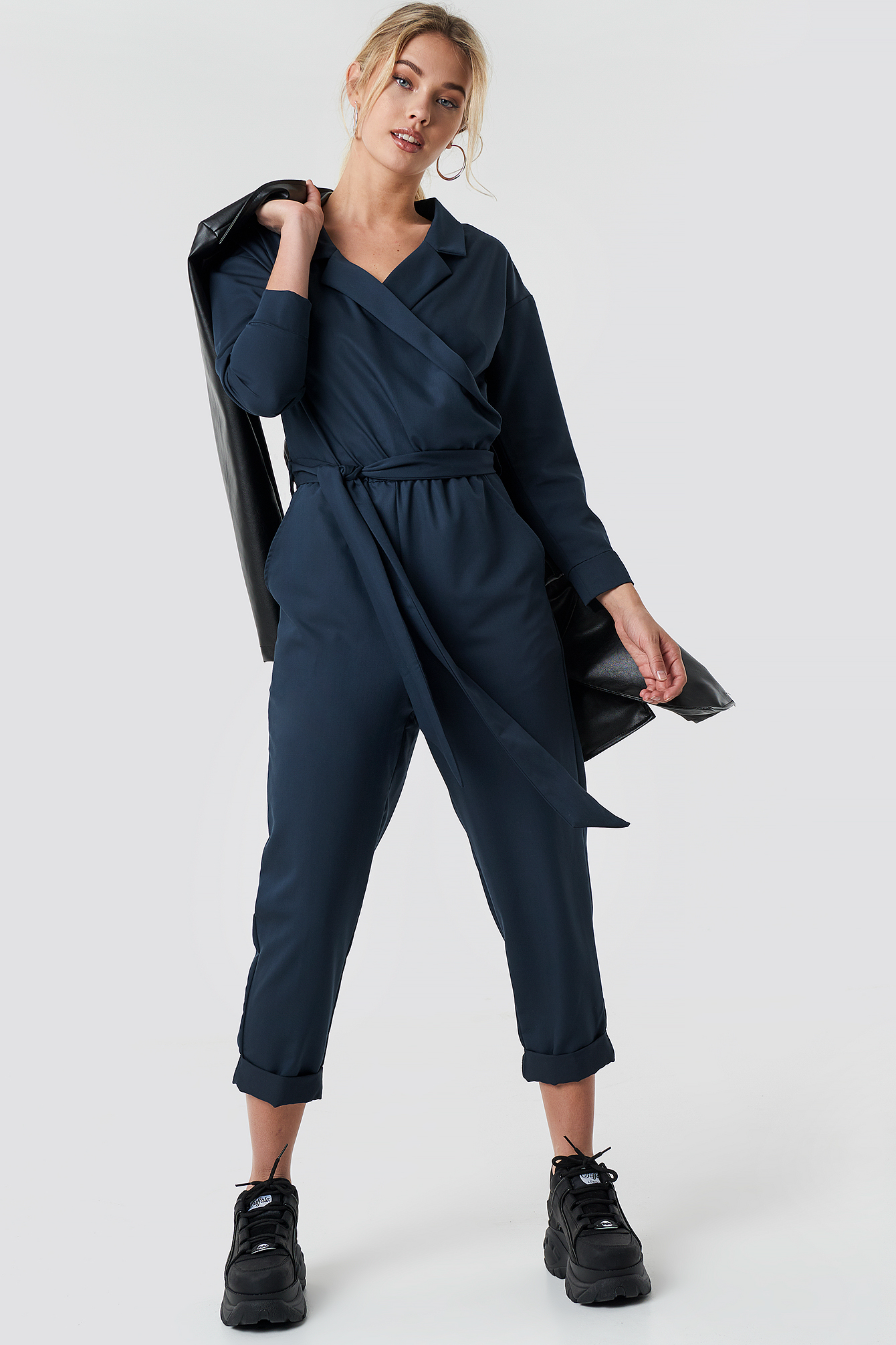 Waist Belted Lapel Jumpsuit Blue