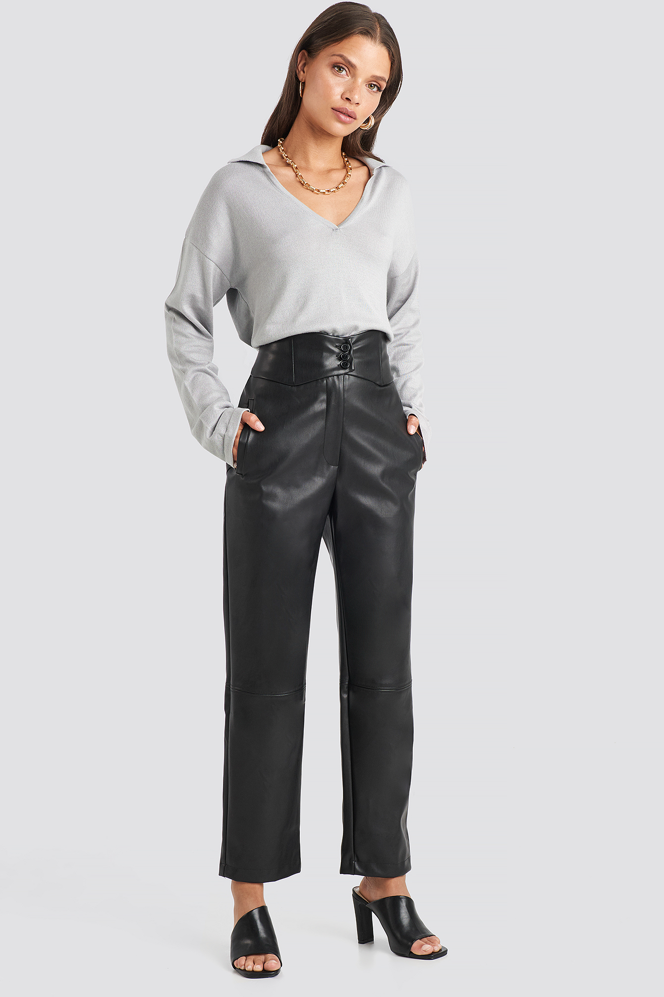 Waistband PU Pants Black