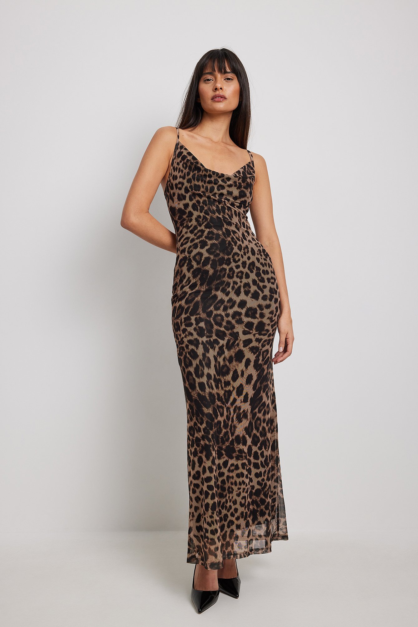 Leopard Waterfall Mesh Maxi Dress