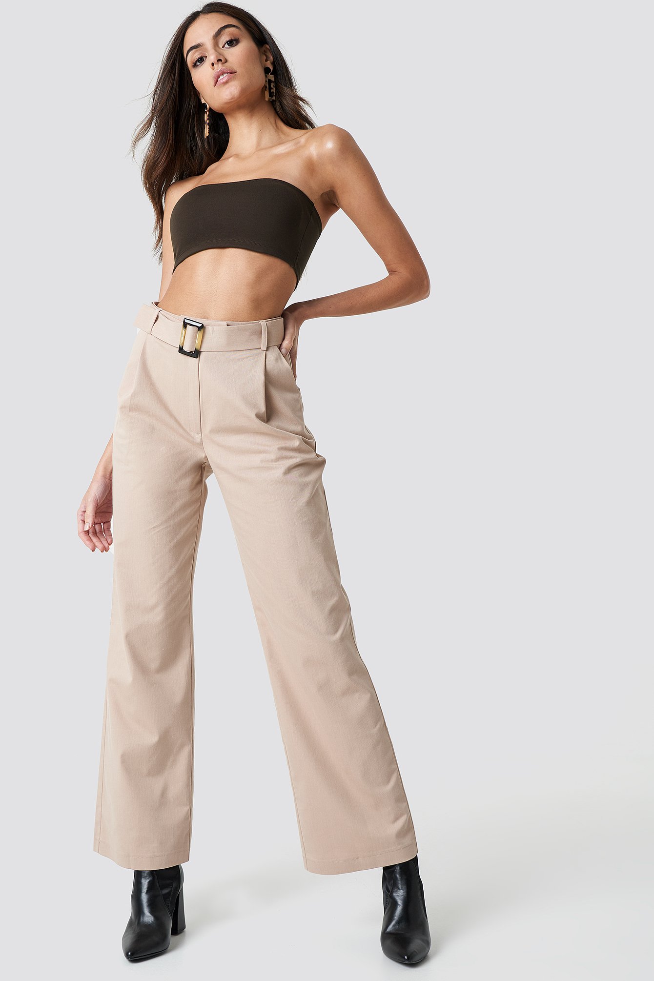 Na-kd Trend  Wide Belted Cotton Blend Pants - Beige
