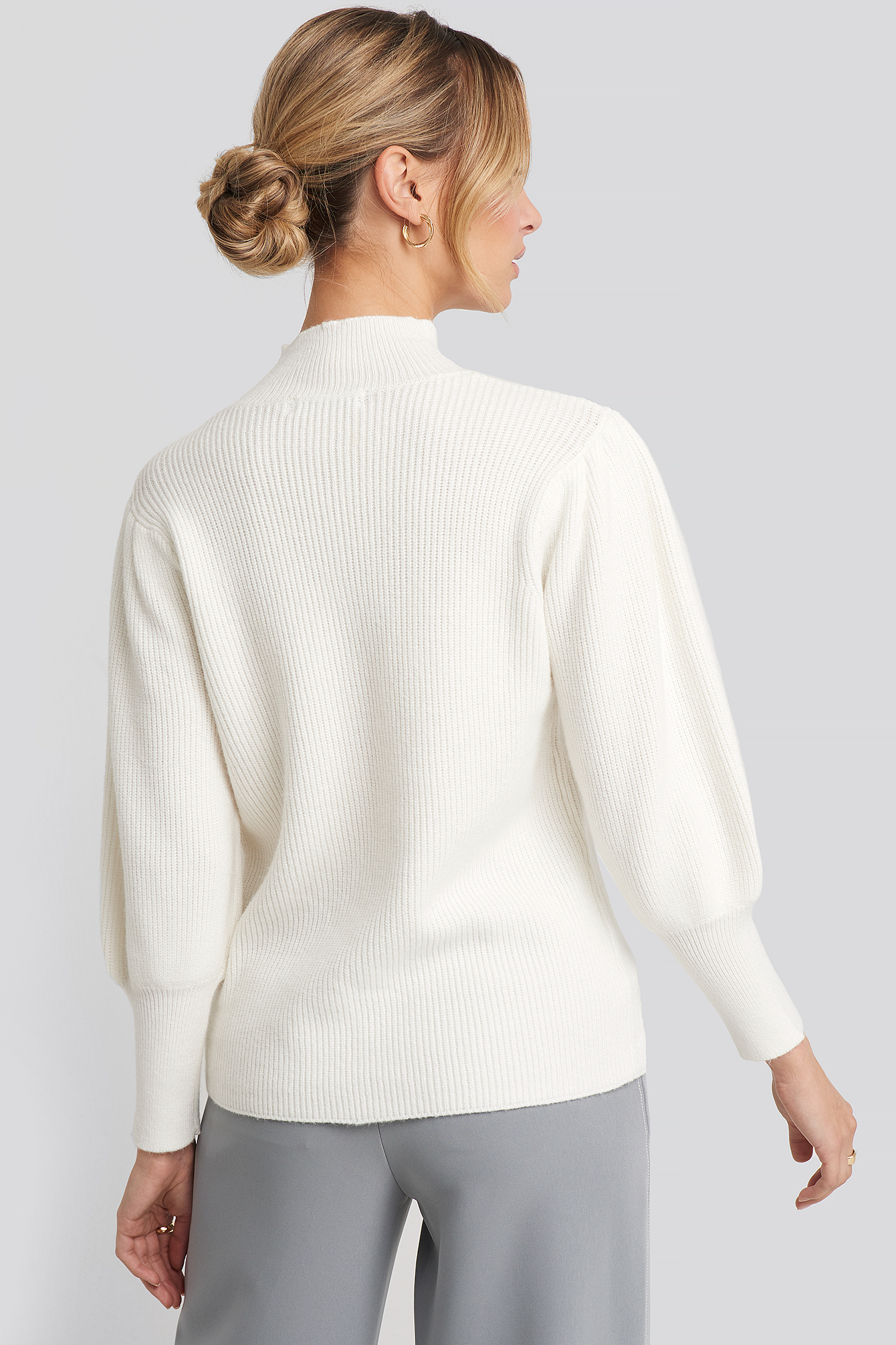 Wide Cuff Balloon Sleeve Knitted Sweater White