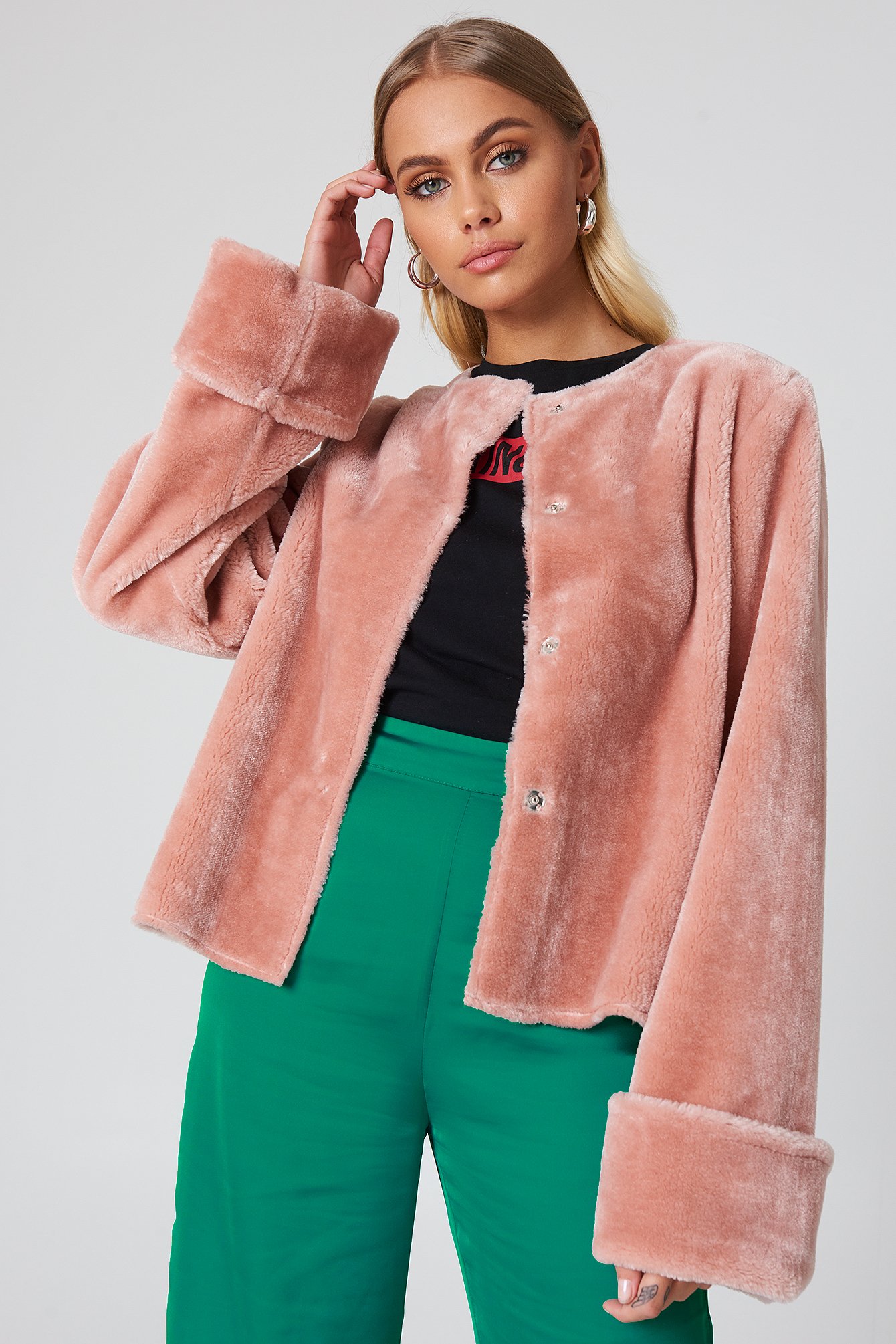 Light Pink NA-KD Wide Cuff Faux Fur Jacket
