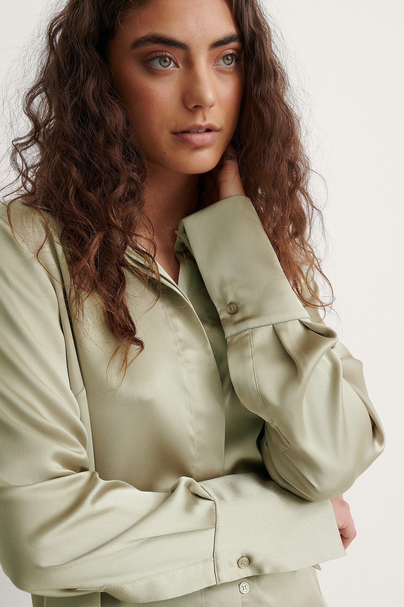 Wide Cuff Satin Blouse Green | na-kd.com