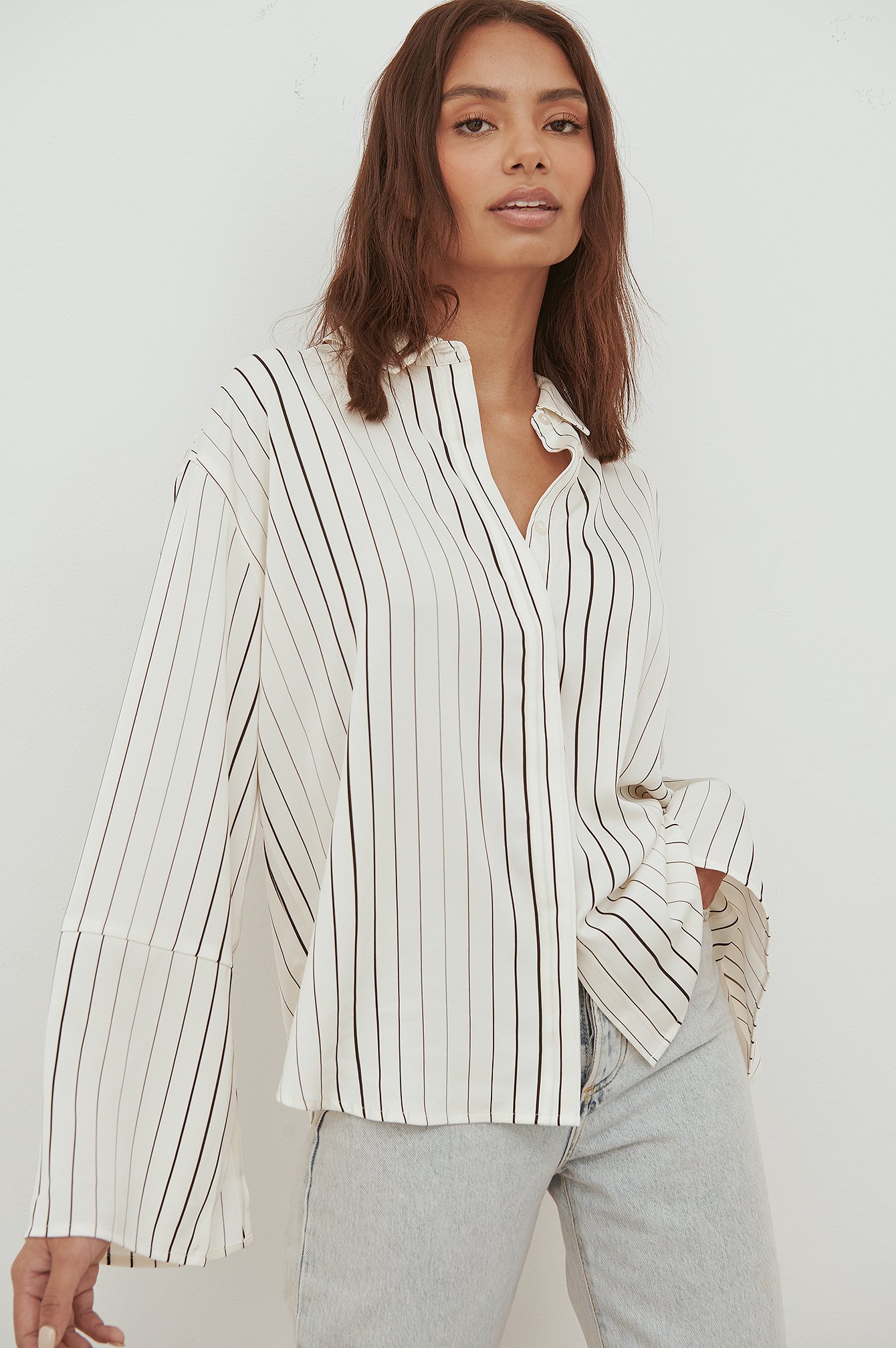Curated Styles Wide Cuff Satin Shirt - Stripe