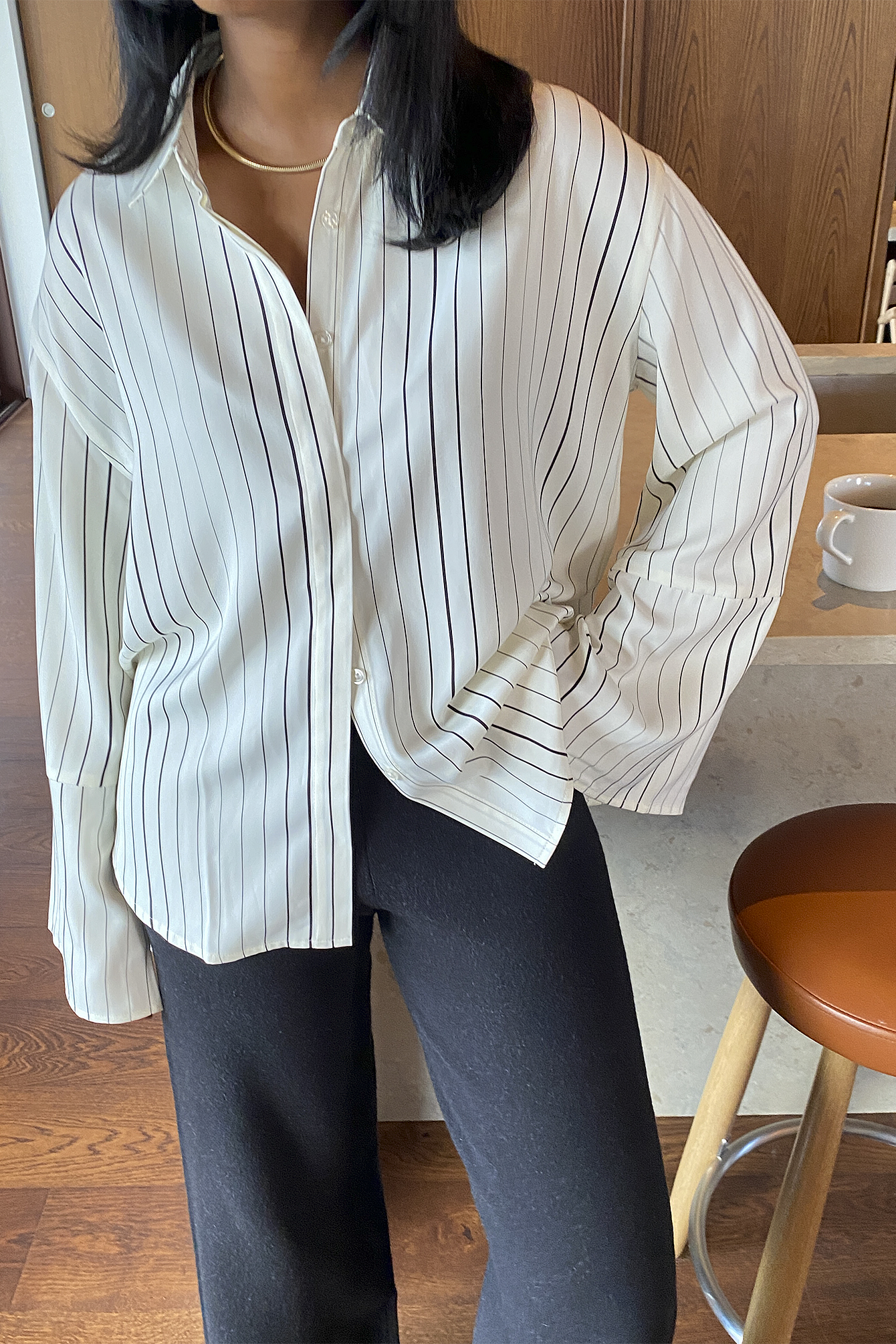 White Stripe Wide Cuff Satin Shirt
